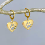 Gold Heart Dog Paw Print Earrings dangle Huggie Hoops handmade silver animal jewelry gift for dog moms animal lovers veterinarians vet techs