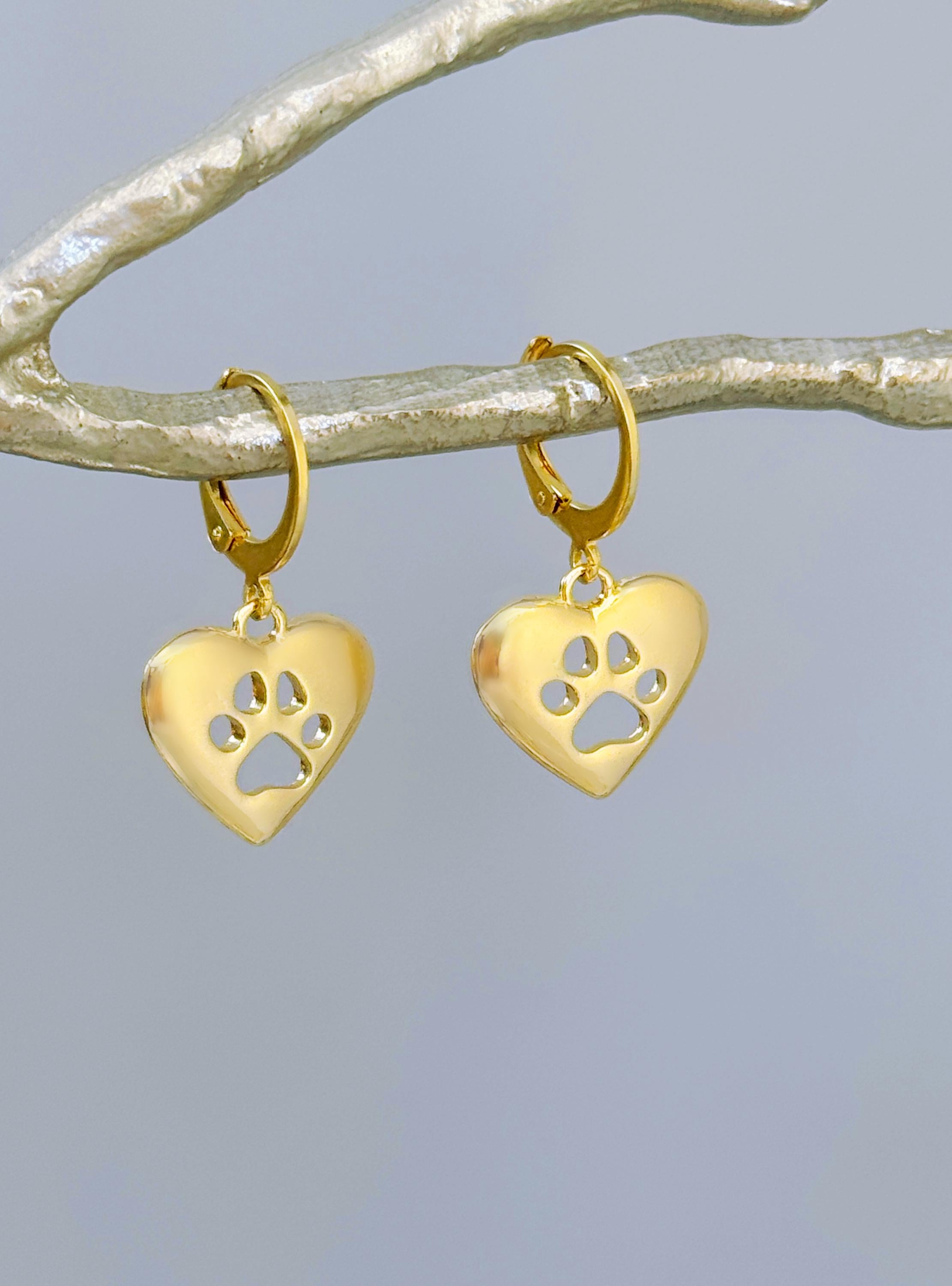Gold Heart Dog Paw Print Earrings dangle Huggie Hoops handmade silver animal jewelry gift for dog moms animal lovers veterinarians vet techs