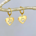 Gold Heart Dog Paw Print Earrings dangle Huggie Hoops handmade animal jewelry unique gift for dog moms animal lovers veterinarians vet techs