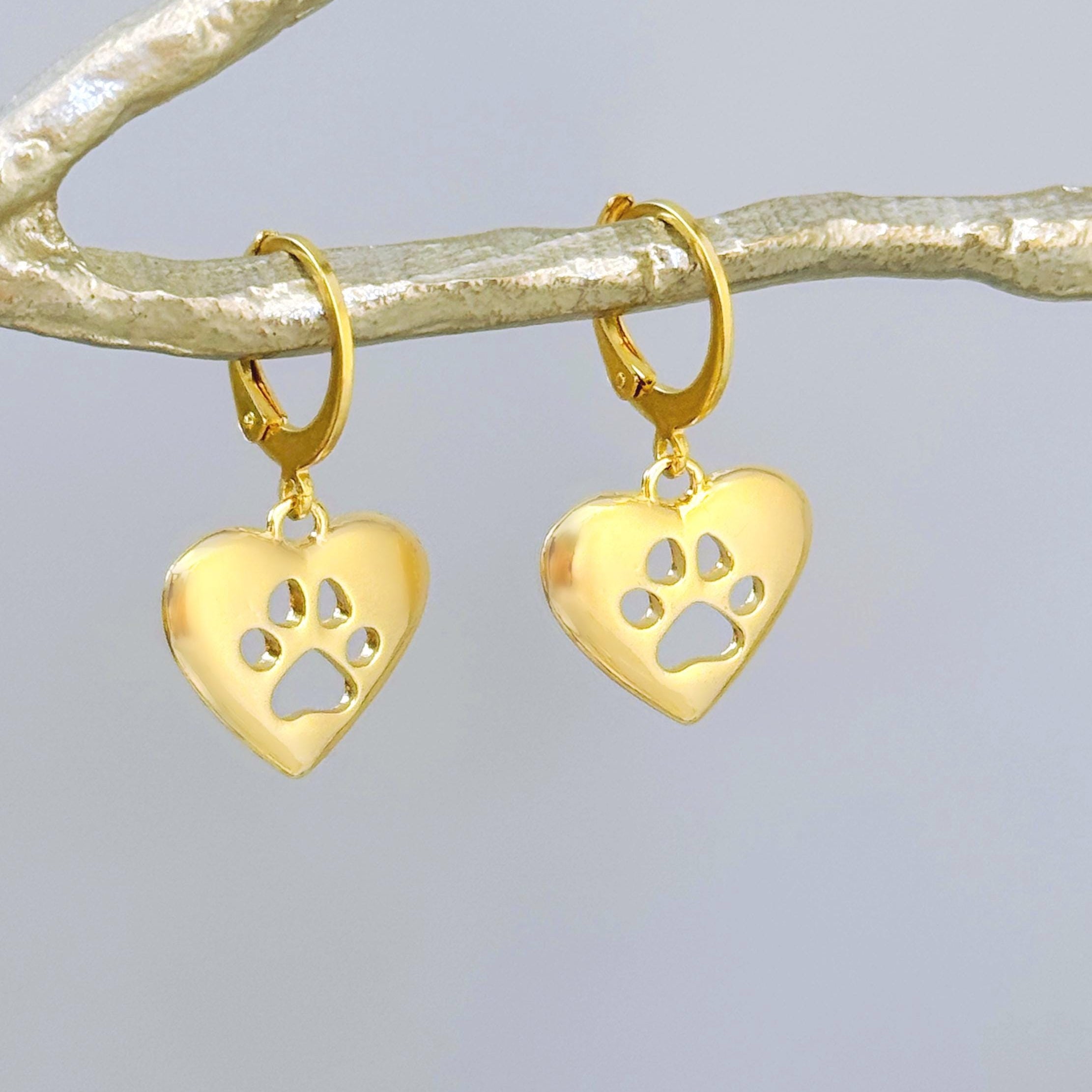 Gold Heart Dog Paw Print Earrings dangle Huggie Hoops handmade animal jewelry unique gift for dog moms animal lovers veterinarians vet techs