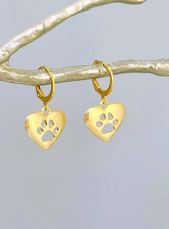Gold Heart Dog Paw Print Earrings dangle Huggie Hoops handmade animal jewelry unique gift for dog moms animal lovers veterinarians vet techs