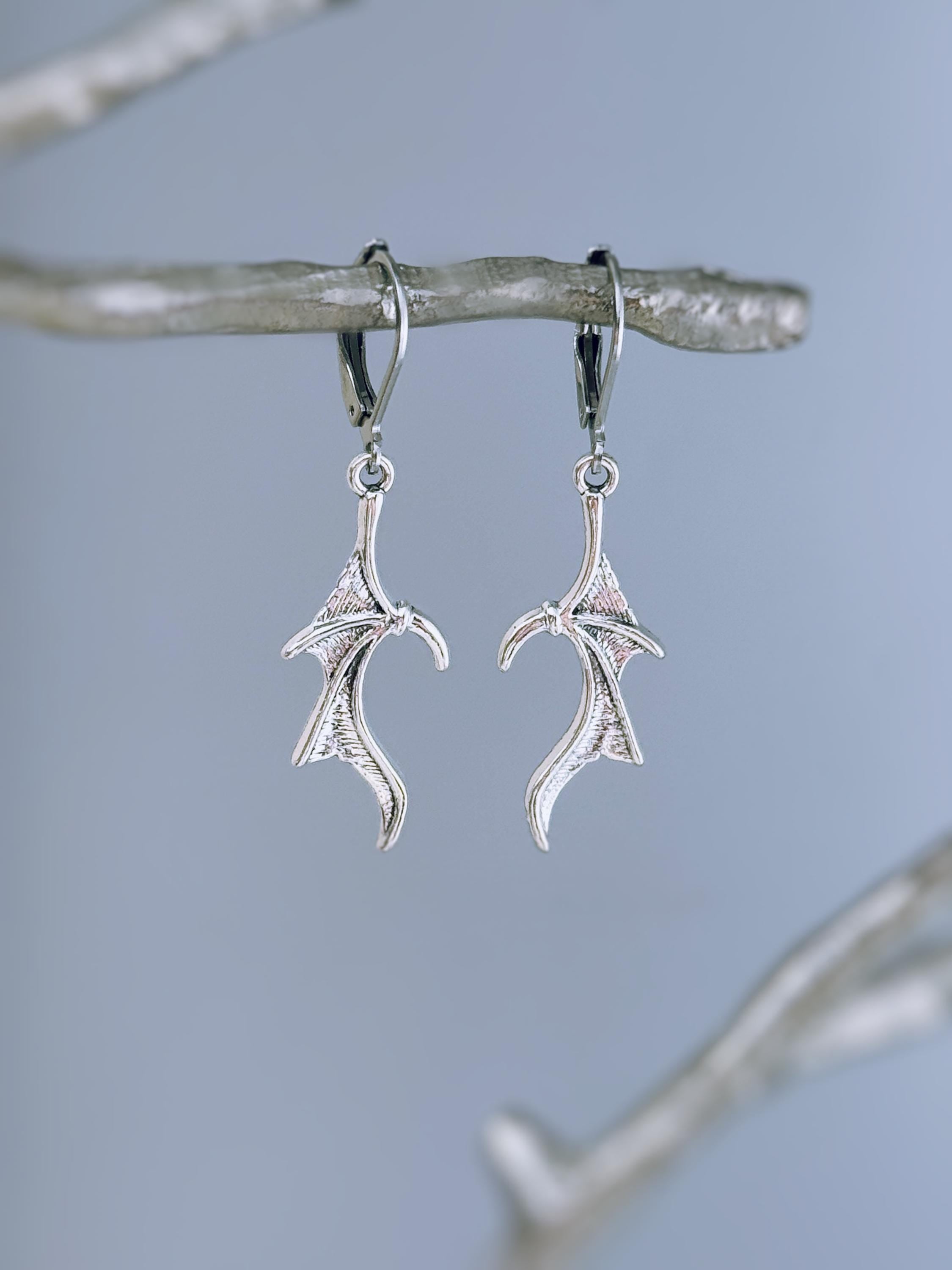 Silver Dragon Wing Earrings dangle handmade whimsigoth jewelry stainless steel grunge gothic earrings spooky Halloween witchy earrings gift