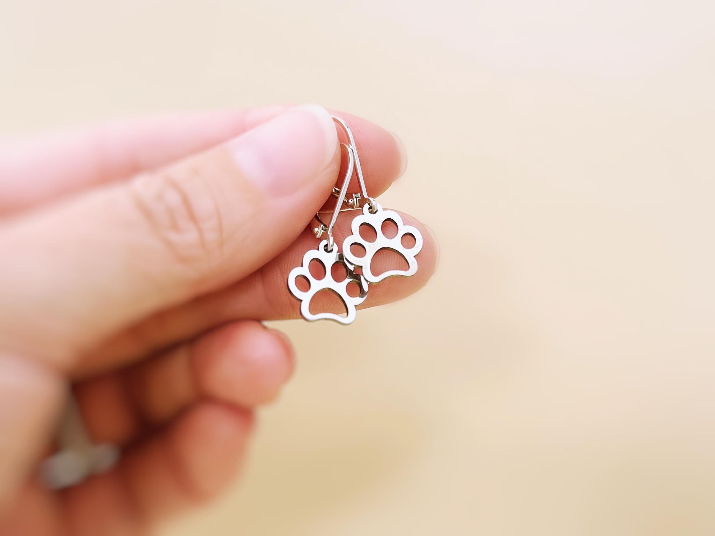Silver Paw Print Dog Earrings dangle Hoops handmade animal jewelry gift for dog moms animal lovers veterinarians and vet techs