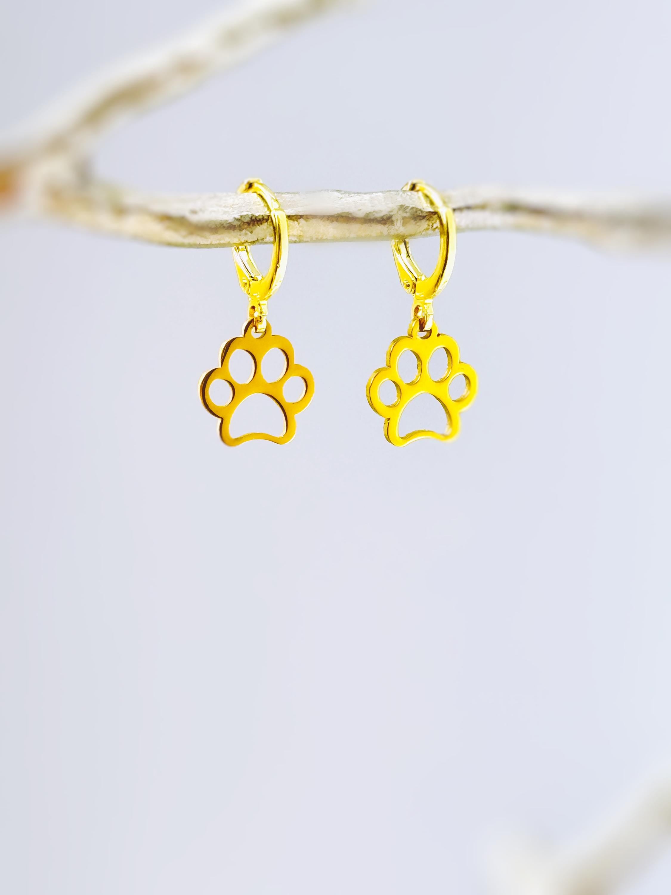 Gold Paw Print Dog Earrings dangle Hoops silver rose gold handmade animal jewelry gift for dog moms animal lovers veterinarians vet techs