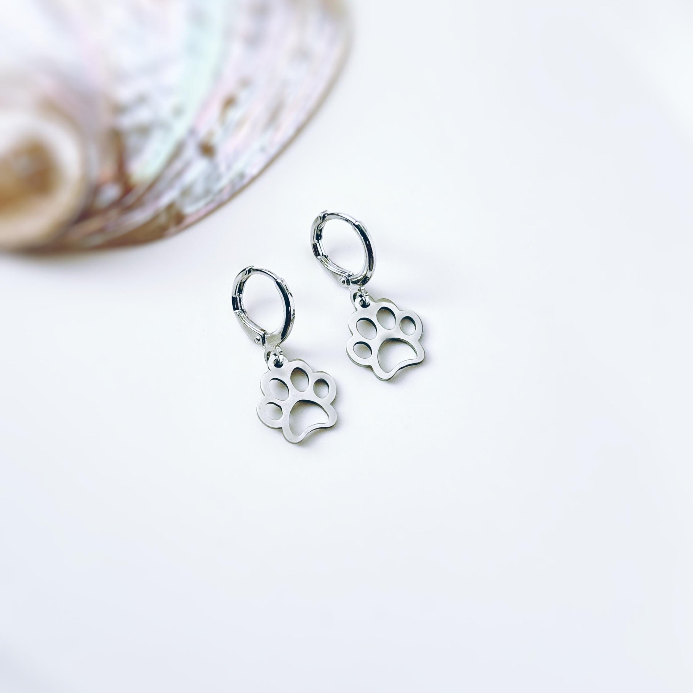 Gold Paw Print Dog Earrings dangle Hoops silver rose gold handmade animal jewelry gift for dog moms animal lovers veterinarians vet techs