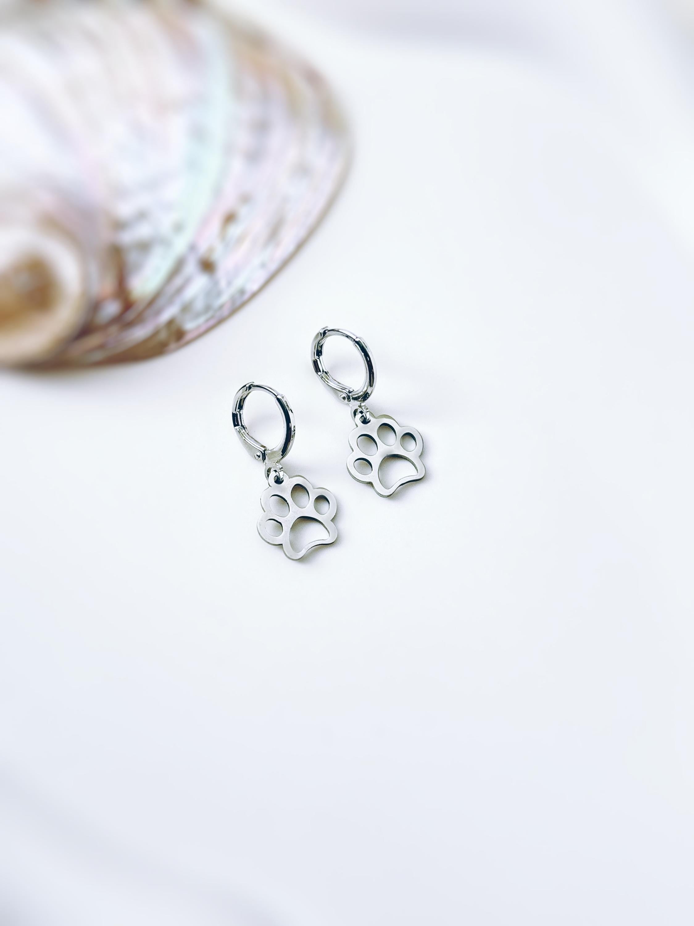 Gold Paw Print Dog Earrings dangle Hoops silver rose gold handmade animal jewelry gift for dog moms animal lovers veterinarians vet techs