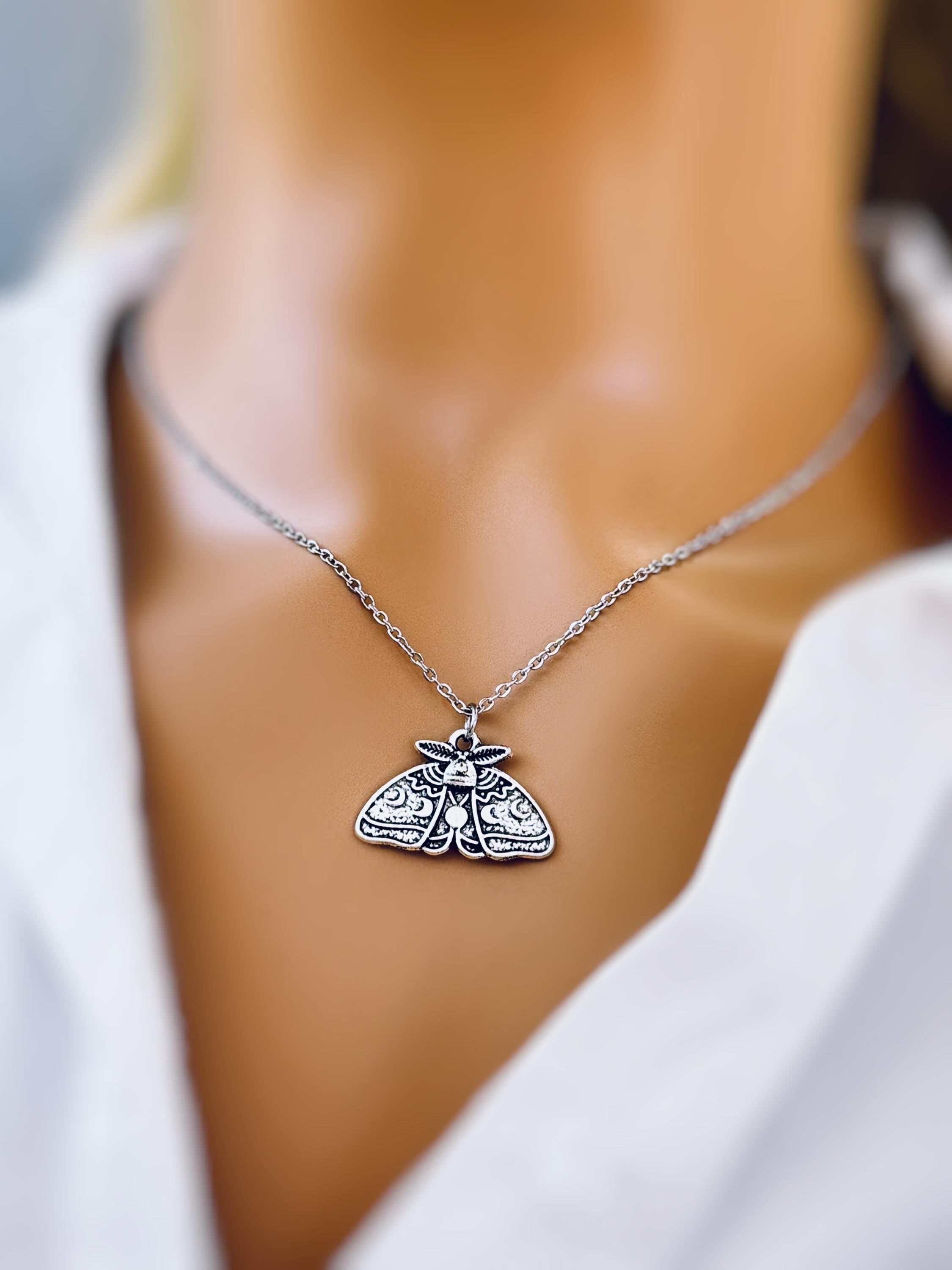 Silver Moth Necklace handmade whimsigoth jewelry gothic insect bug jewelry stainless steel grunge goth moon phase deaths head moth pendant