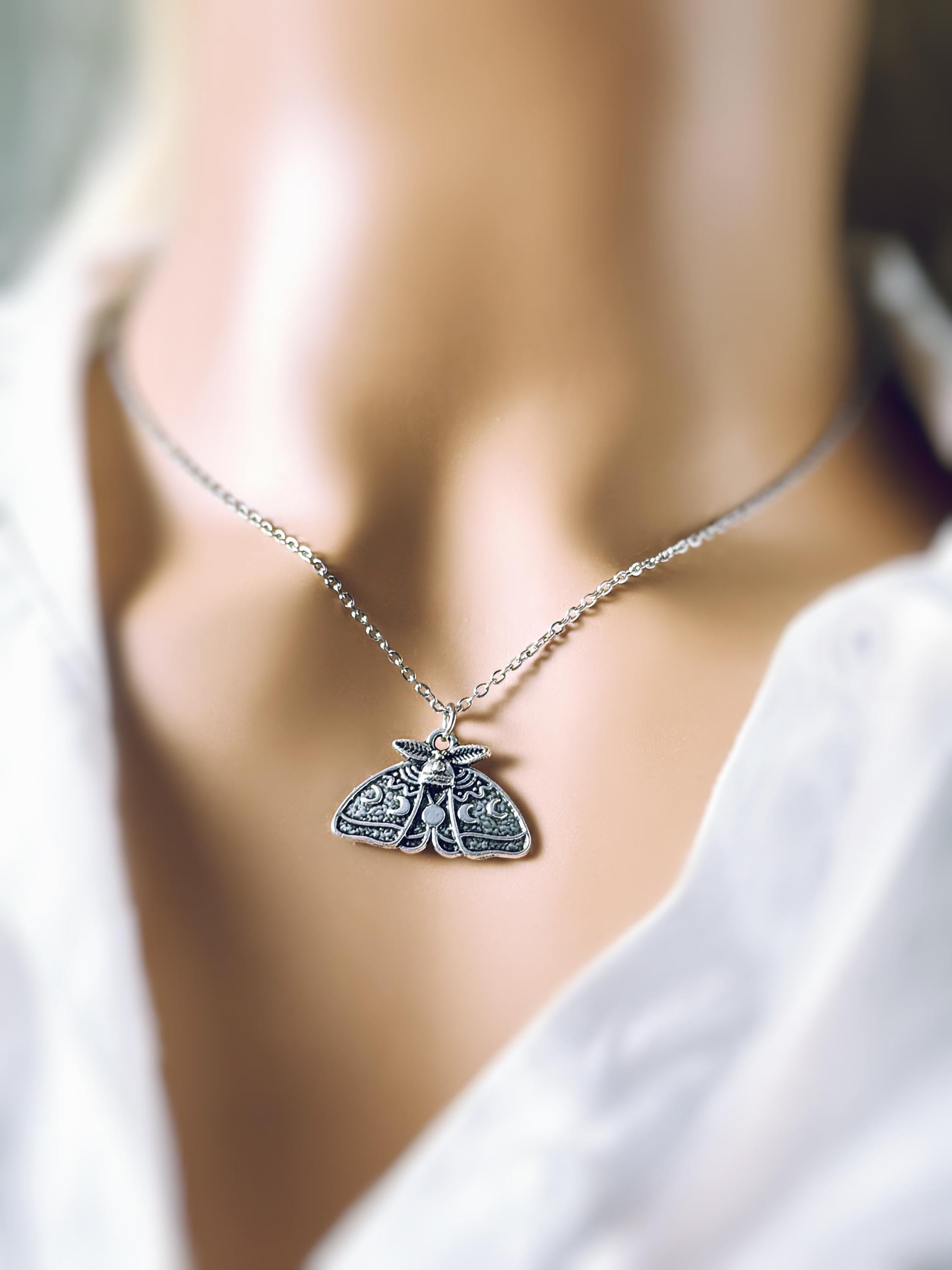 Silver Moth Necklace handmade whimsigoth jewelry gothic insect bug jewelry stainless steel grunge goth moon phase deaths head moth pendant