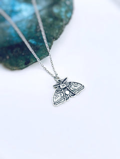 Silver Moth Necklace handmade gothic insect bug jewelry stainless steel grunge goth dead moon phase head moth moon phase pendant for women