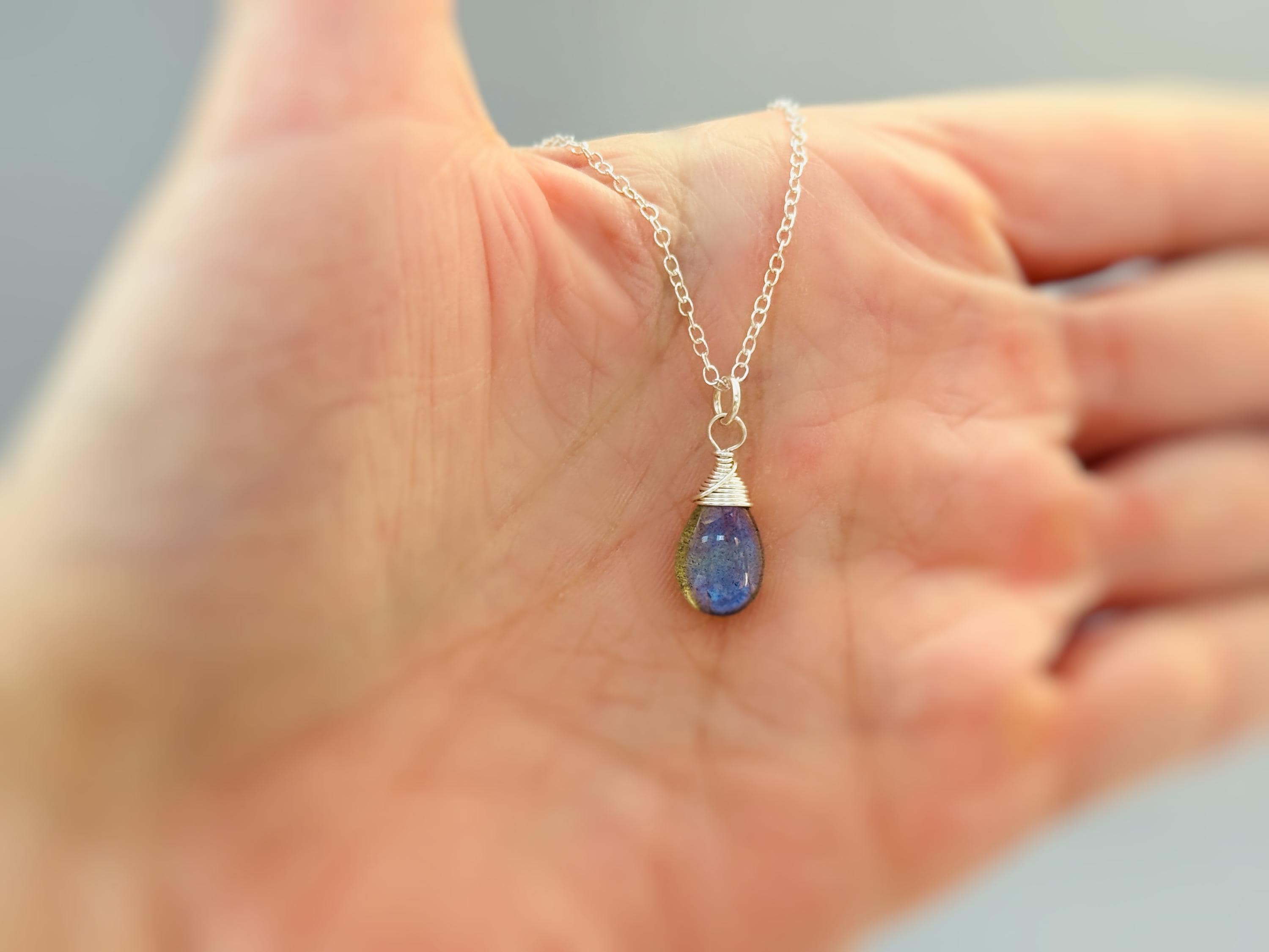 Dainty Smooth Briolette Labradorite Necklace Sterling Silver or 14k Gold