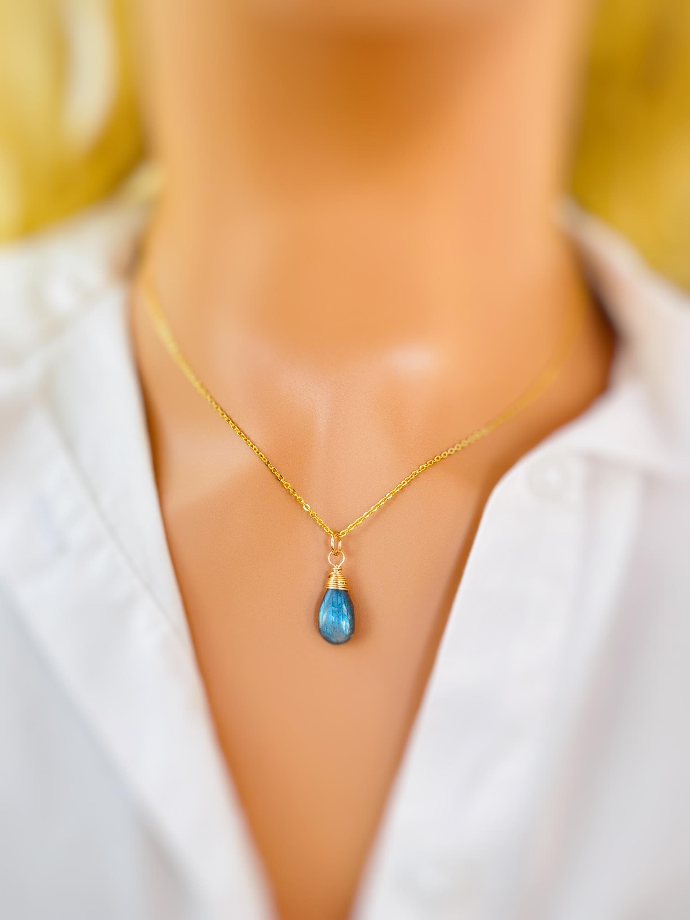 Dainty Silver Labradorite Necklace Sterling Silver or 14k Gold Fill Smooth Briolette Pendant Gift for daughter, sister Handmade in Michigan