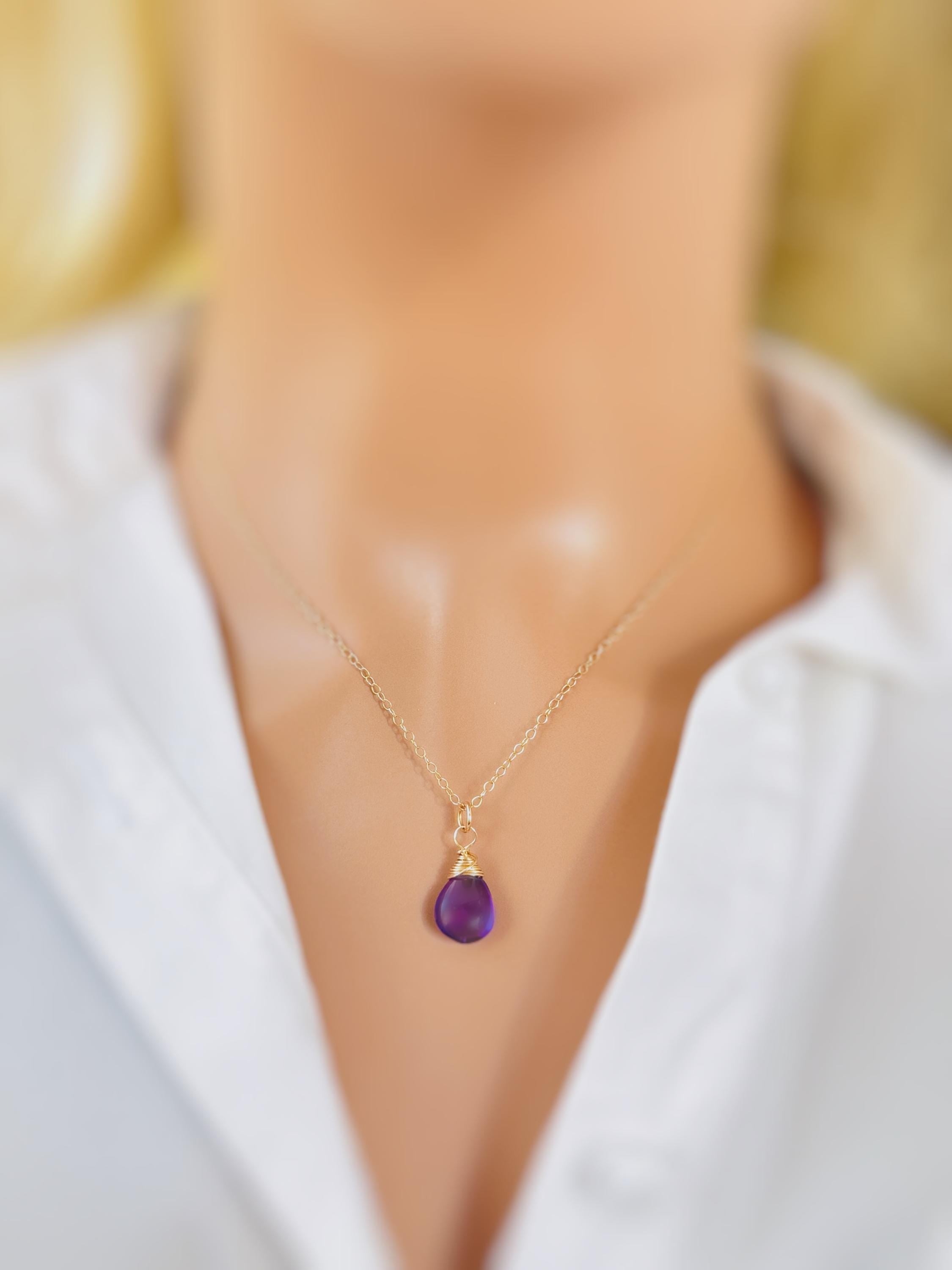 Dainty Silver Amethyst Necklace Smooth Briolette Purple Gemstone Pendant Sterling Silver or 14k Gold Fill February Birthstone Jewelry gift