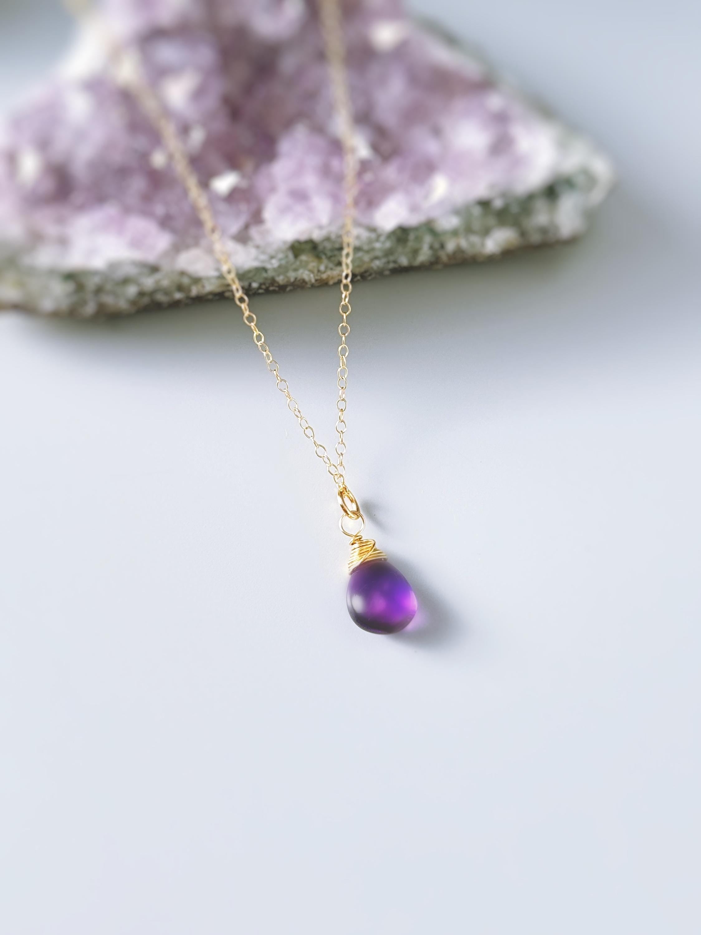 Dainty Silver Amethyst Necklace Smooth Briolette Purple Gemstone Pendant Sterling Silver or 14k Gold Fill February Birthstone Jewelry gift