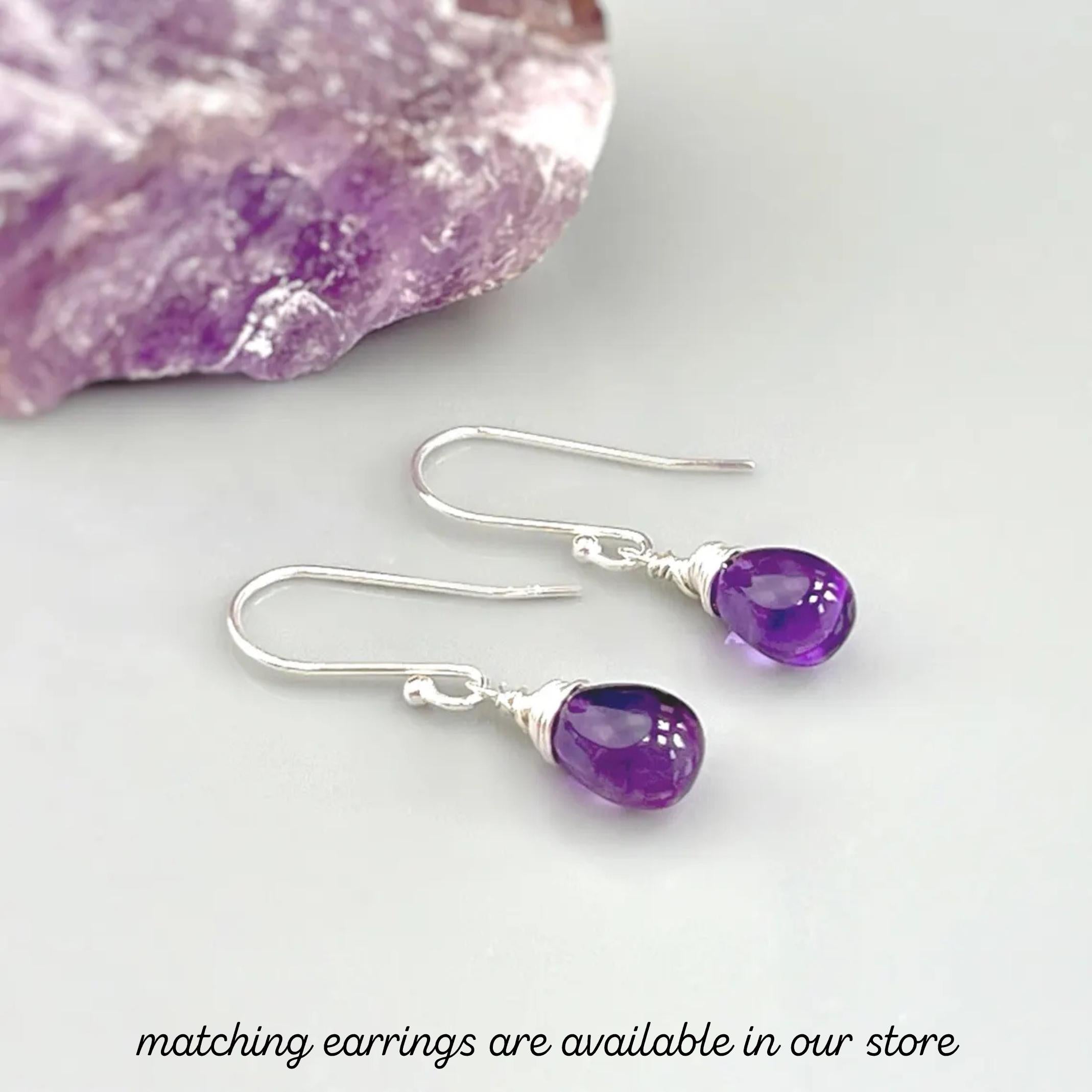 Dainty Silver Amethyst Necklace Smooth Briolette Purple Gemstone Pendant Sterling Silver or 14k Gold Fill February Birthstone Jewelry gift