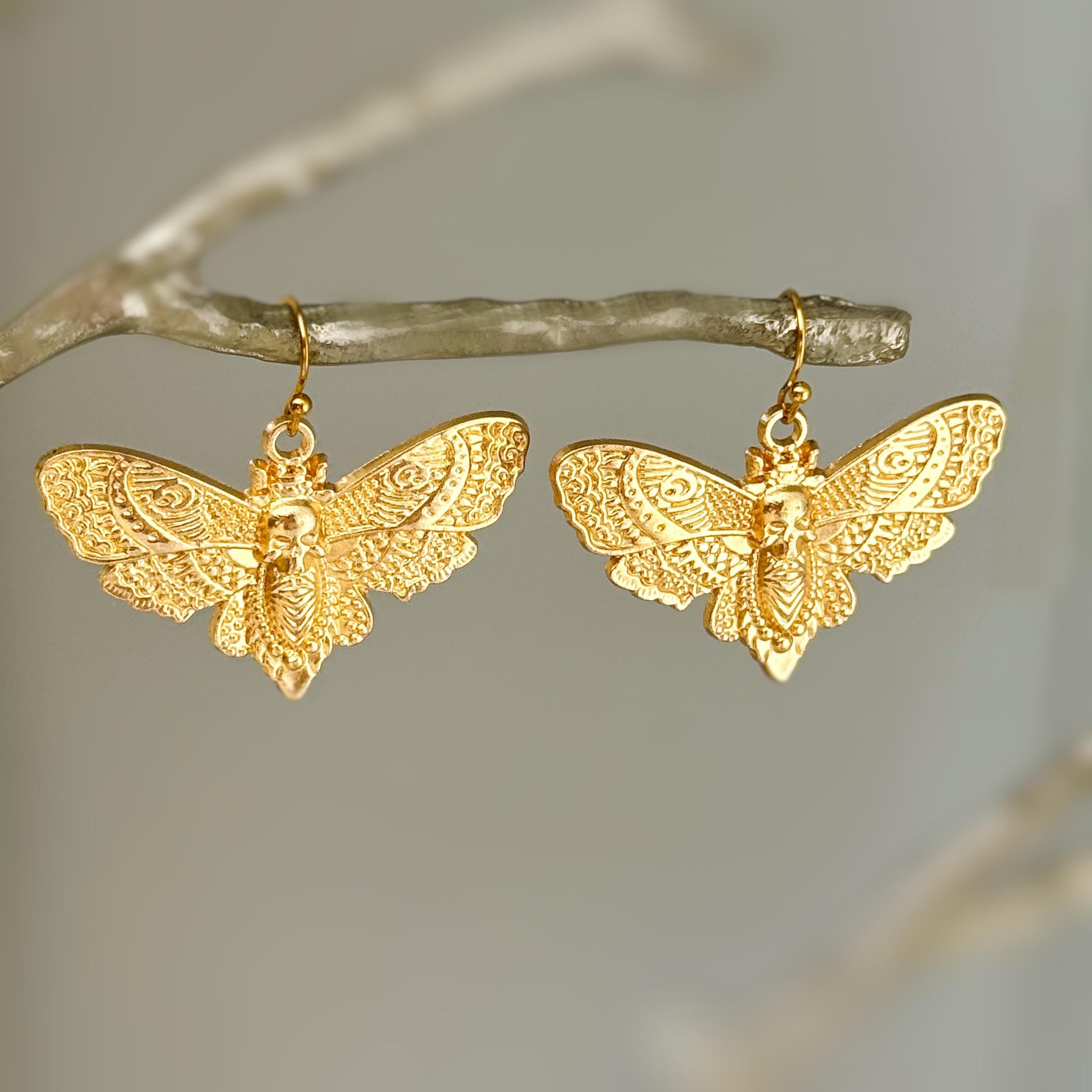 Gold Moth Earrings dangle handmade silver whimsigoth jewelry gothic insect bug jewelry gothic deaths head moth statement earrings for her