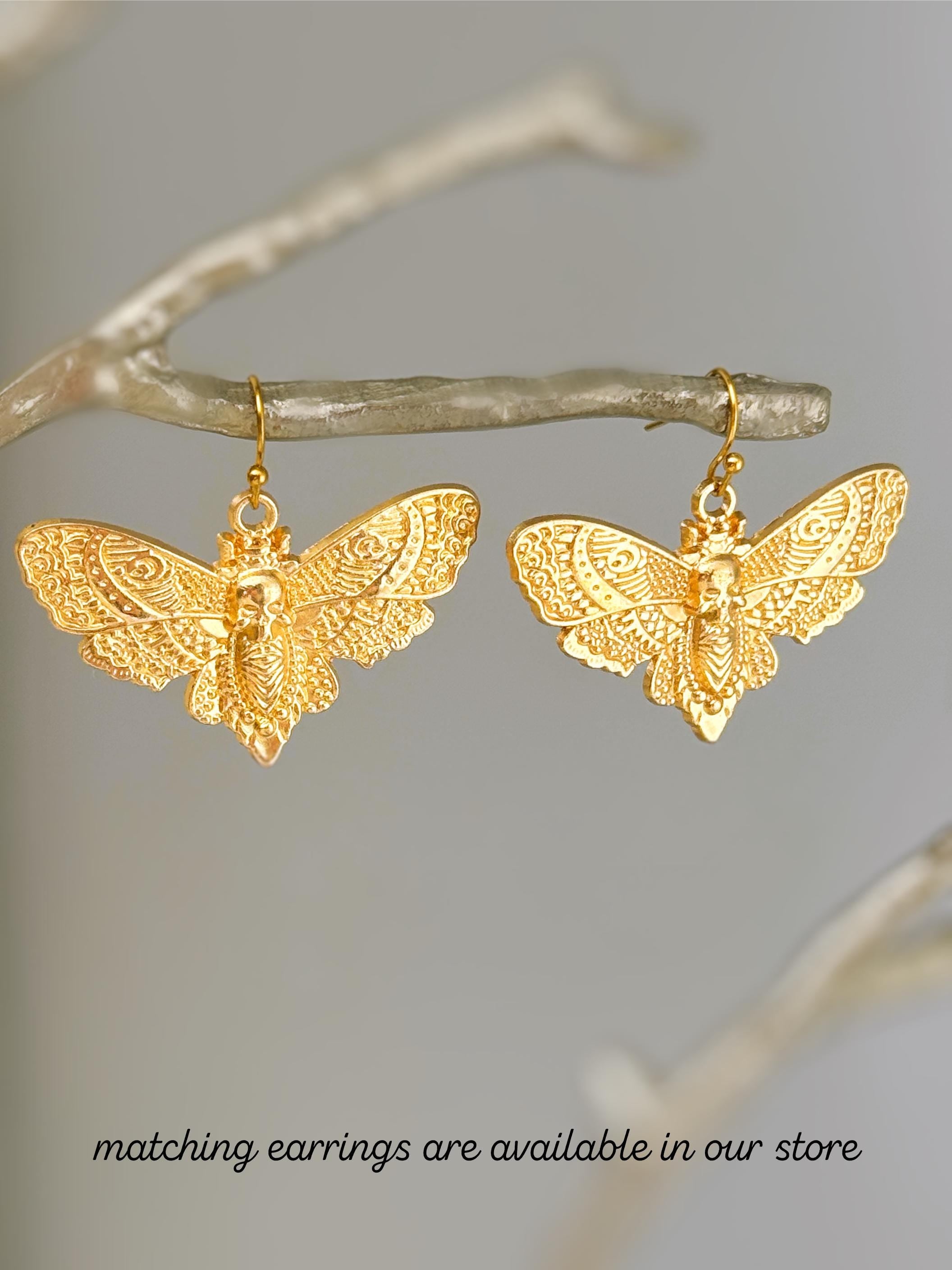 Gold Moth Necklace handmade silverwhimsigoth jewelry statement pendant gothic insect bug jewelry goth deathshead moth symbolic rebirth gift