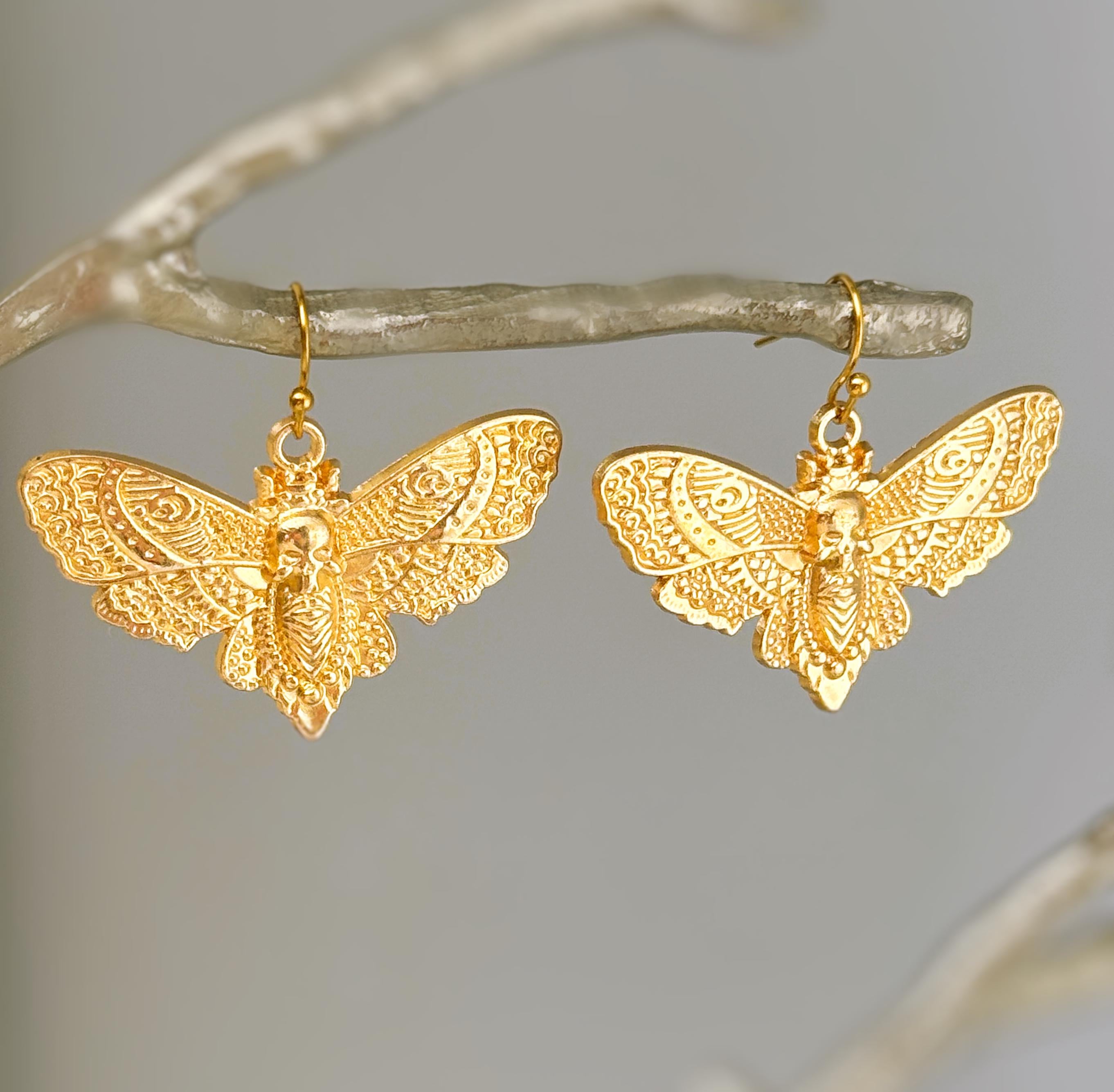 Gold Moth Earrings dangle handmade silver whimsigoth jewelry gothic insect bug jewelry gothic deaths head moth statement earrings for her