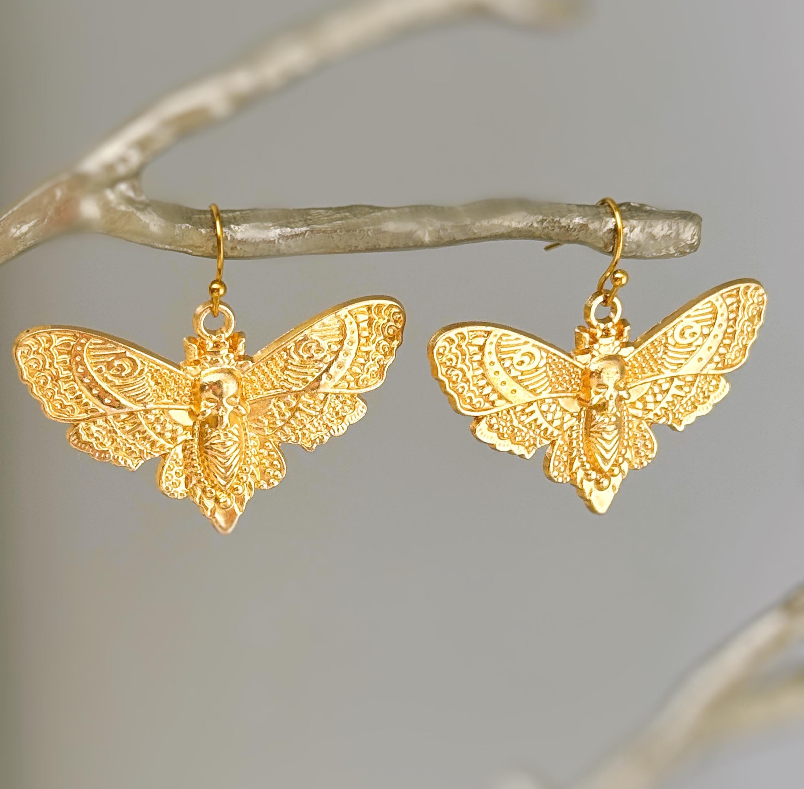 Gold Moth Earrings dangle handmade whimsigoth jewelry gothic insect bug jewelry grunge goth deaths head moth statement earrings for women