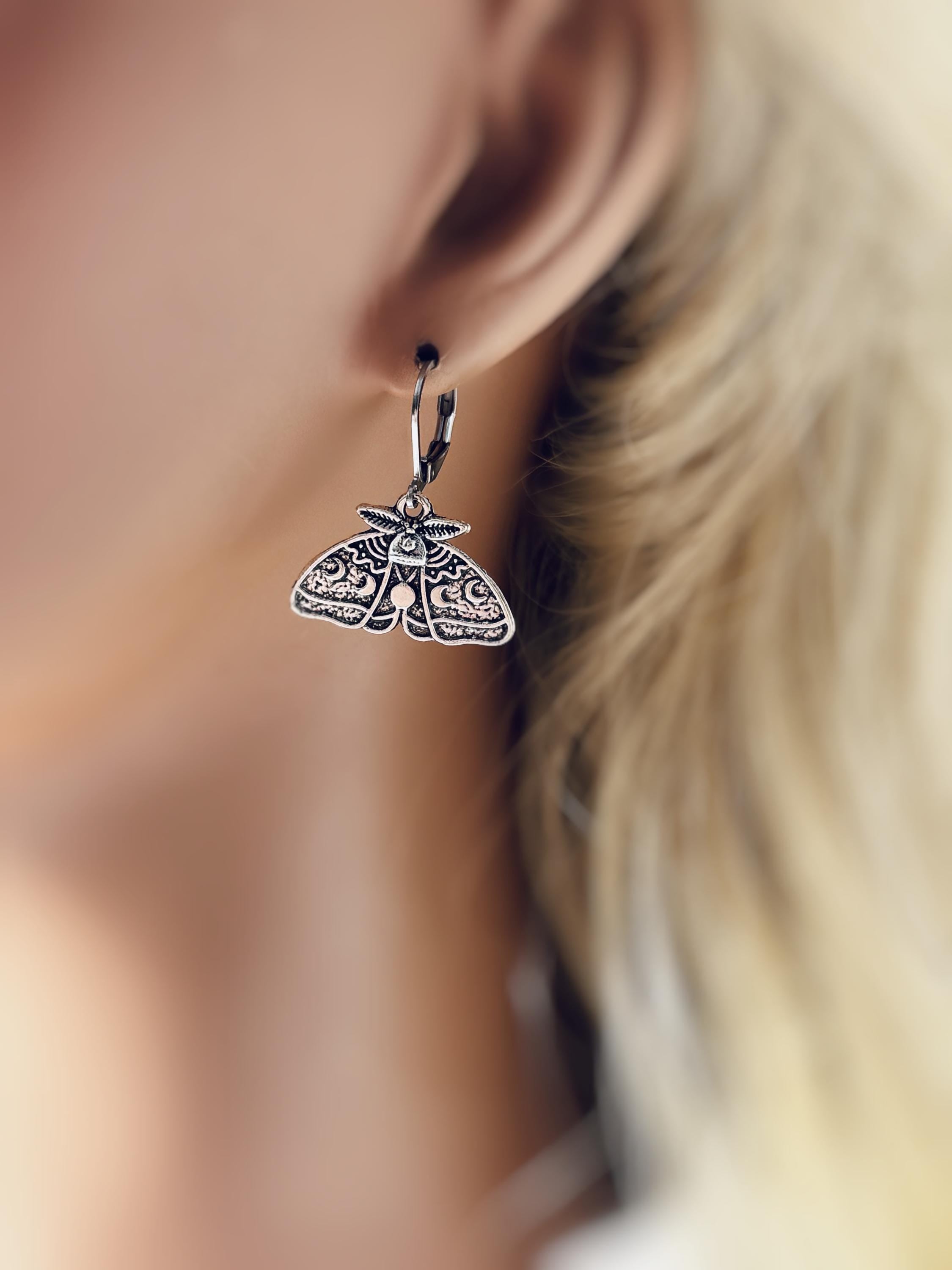 Silver Moth Earrings dangle handmade whimsigoth jewelry gothic insect bug jewelry grunge goth deaths head moth statement earrings for women
