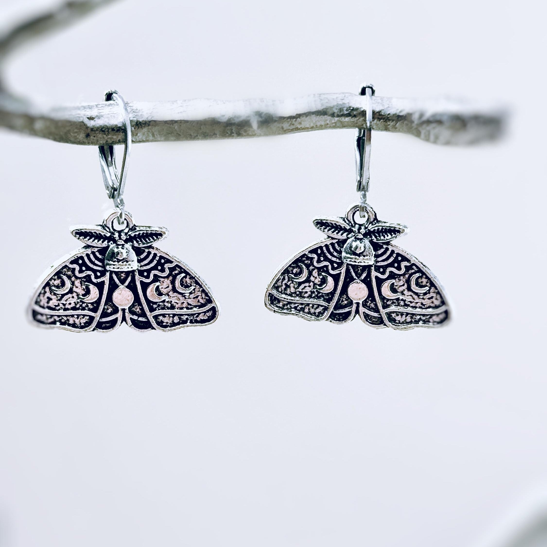 Silver Moth Earrings dangle handmade whimsigoth jewelry gothic insect bug jewelry grunge goth deaths head moth statement earrings for women