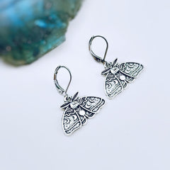 Silver Moth Earrings dangle handmade whimsigoth jewelry gothic insect bug jewelry grunge goth deaths head moth statement earrings for women