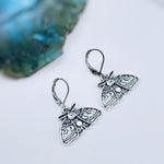Silver Moth Earrings dangle handmade whimsigoth jewelry gothic insect bug jewelry grunge goth deaths head moth statement earrings for women