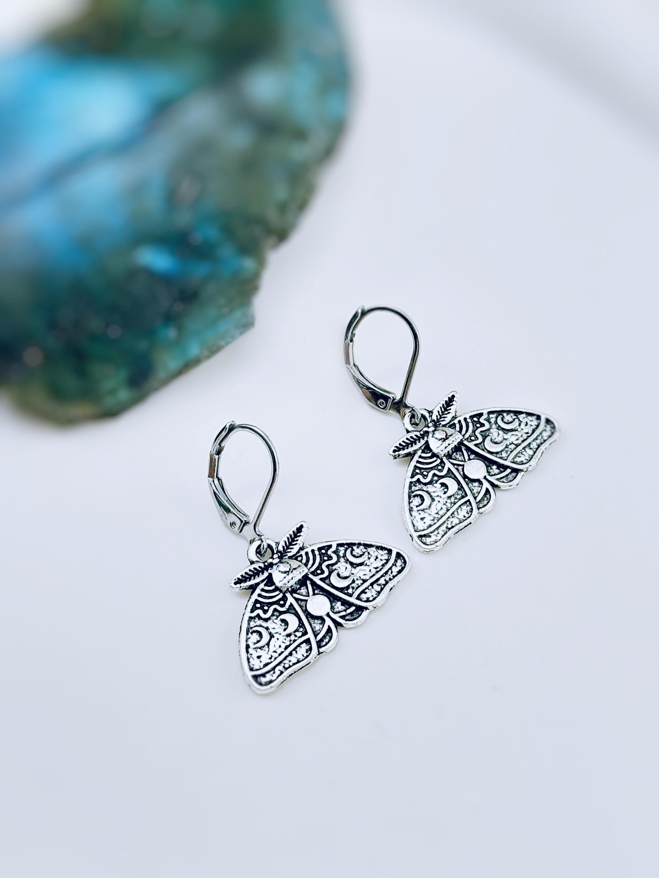 Silver Moth Earrings dangle handmade whimsigoth jewelry gothic insect bug jewelry grunge goth deaths head moth statement earrings for women