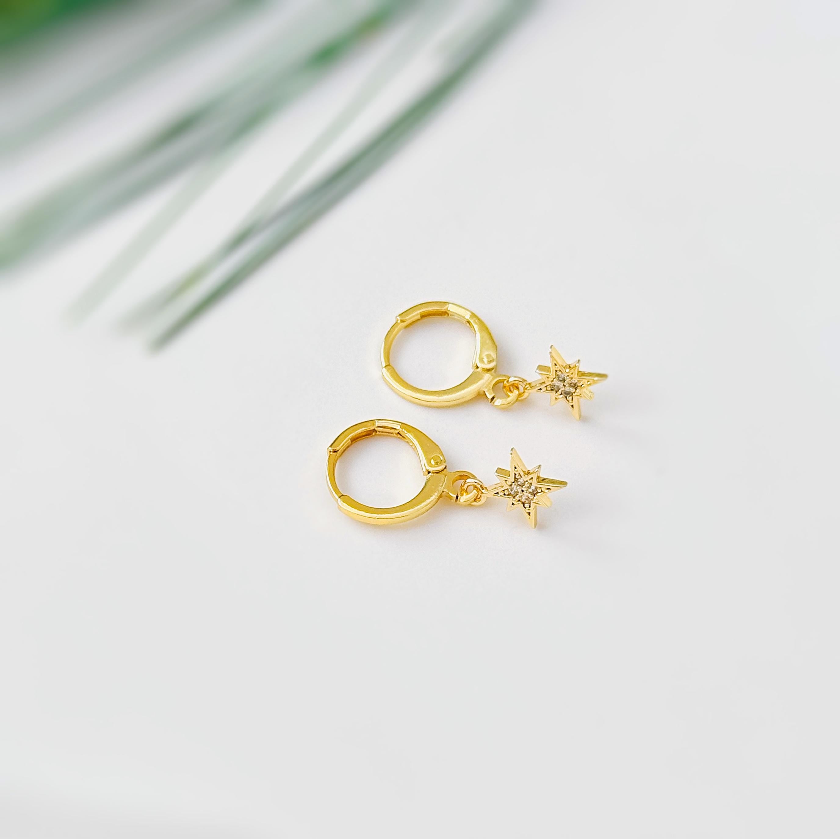 Tiny North Star Earrings dangle gold Huggie Hoops dainty minimalist Polaris charm crystal earrings handmade jewelry gift for daughter, bff