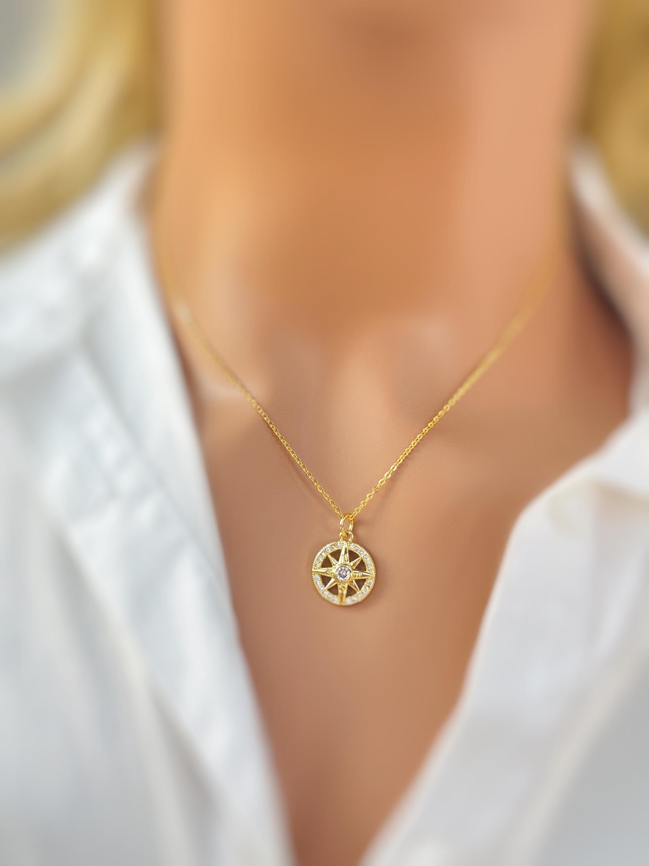 Dainty Diamond and Gold Compass Necklace handmade travel jewelry gift for graduation, adventurers compass pendant gift for daughter, sister