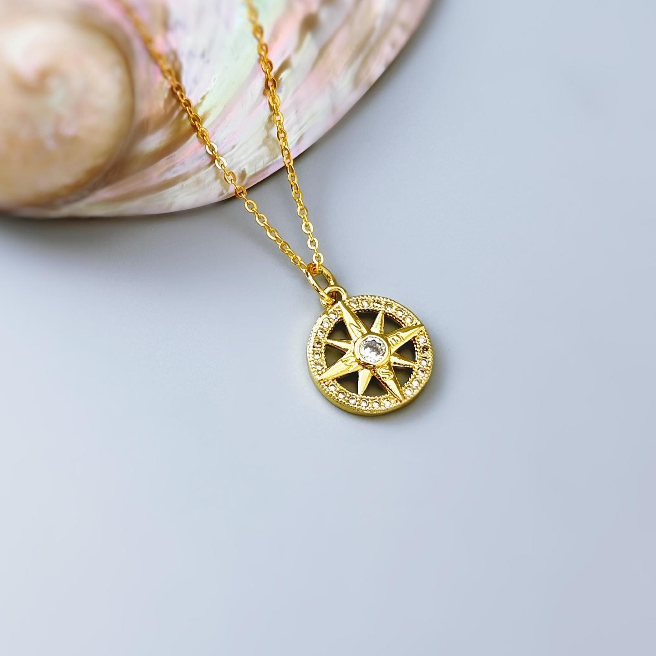 Dainty Diamond and Gold Compass Necklace handmade travel jewelry gift for graduation, adventurers compass pendant gift for daughter, sister