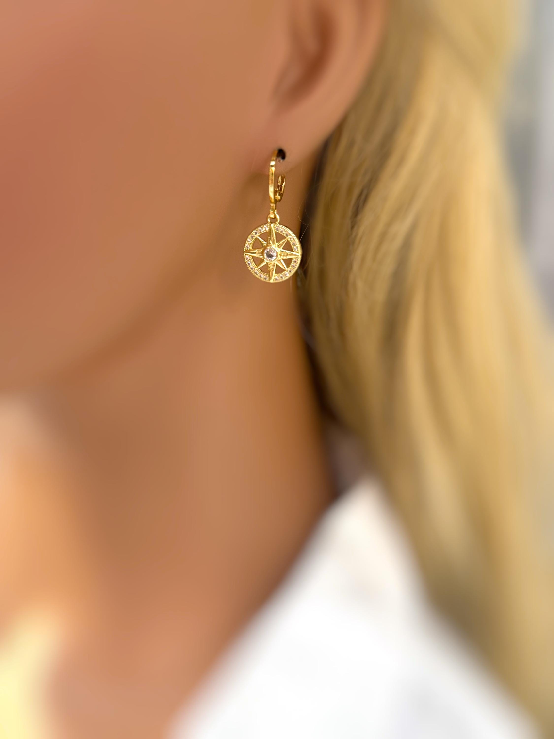 Gold North Star Earrings dangle gold Huggie Hoops dainty minimalist Polaris compass charms handmade jewelry gift for graduation, travelers