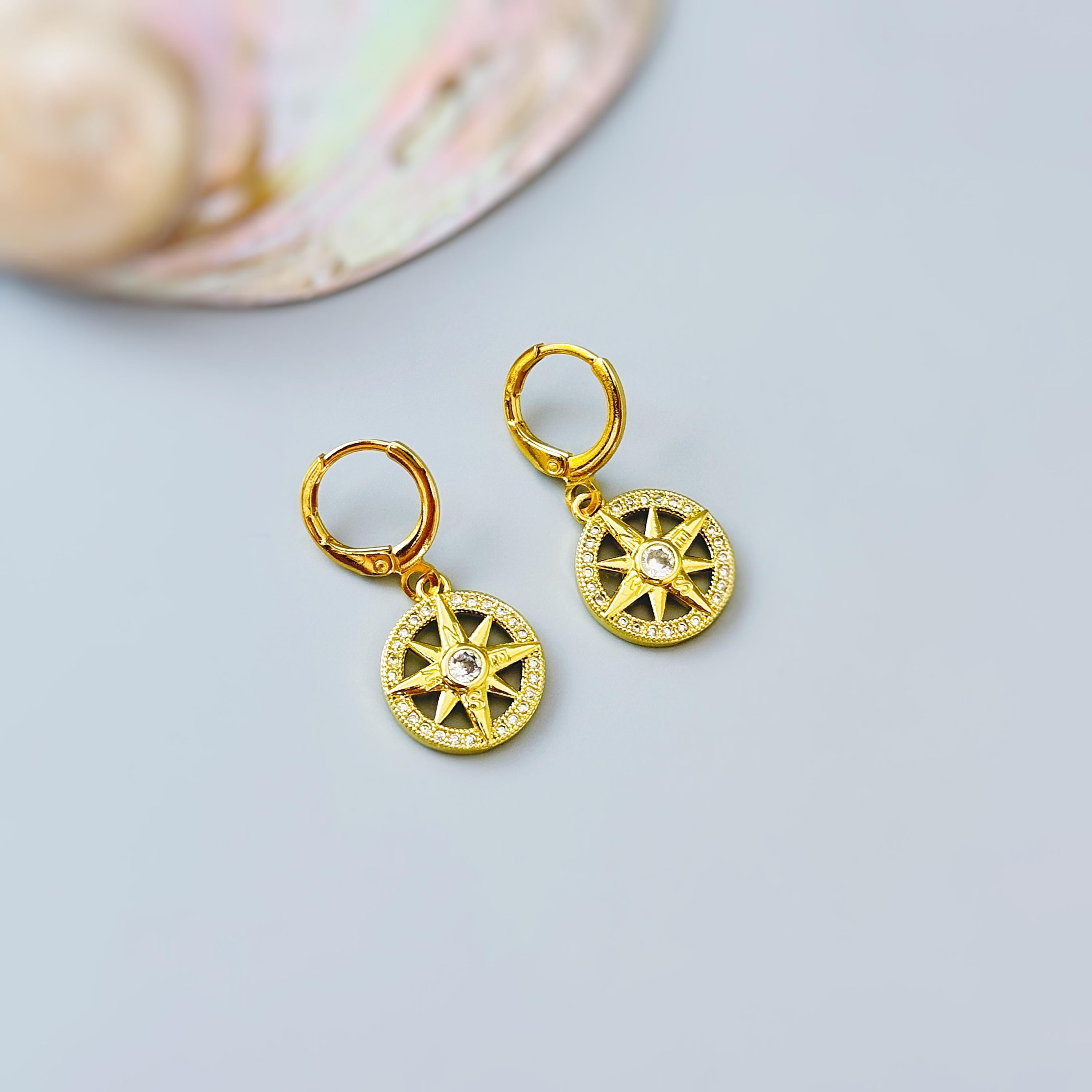 Gold North Star Earrings dangle gold Huggie Hoops dainty minimalist Polaris compass charms handmade jewelry gift for graduation, travelers