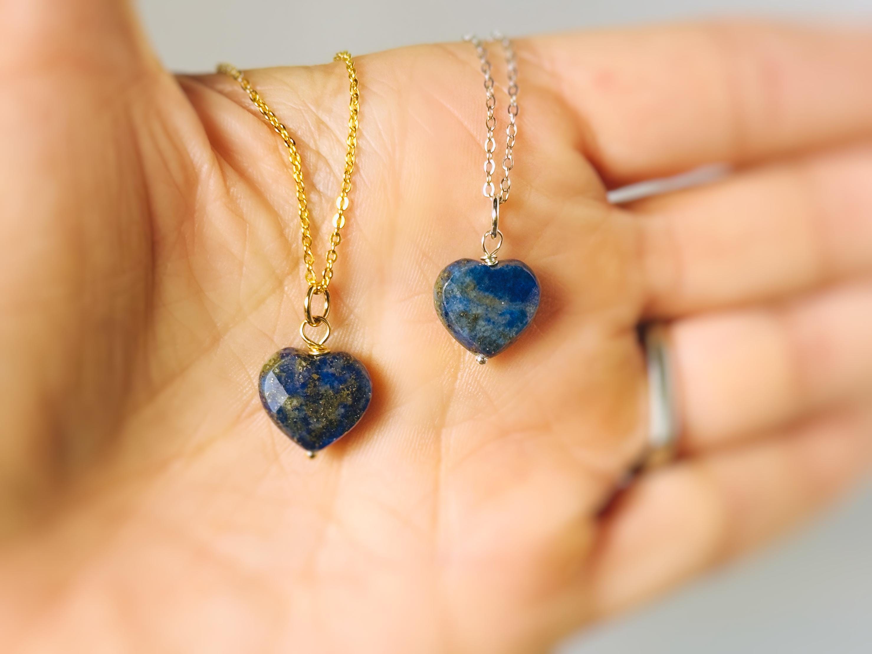 Dainty Lapis Heart Necklace, Faceted Lapis Lazuli Pendant 14k Gold Fill, Sterling Silver, September Birthstone Jewelry, Handmade in Michigan