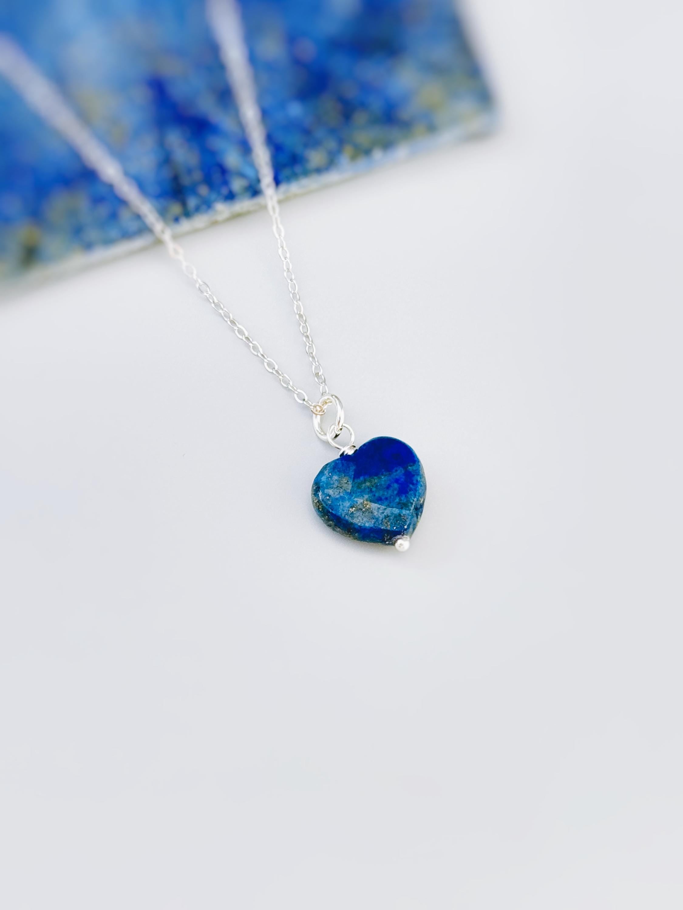 Dainty Lapis Heart Necklace, Faceted Lapis Lazuli Pendant 14k Gold Fill, Sterling Silver, September Birthstone Jewelry, Handmade in Michigan