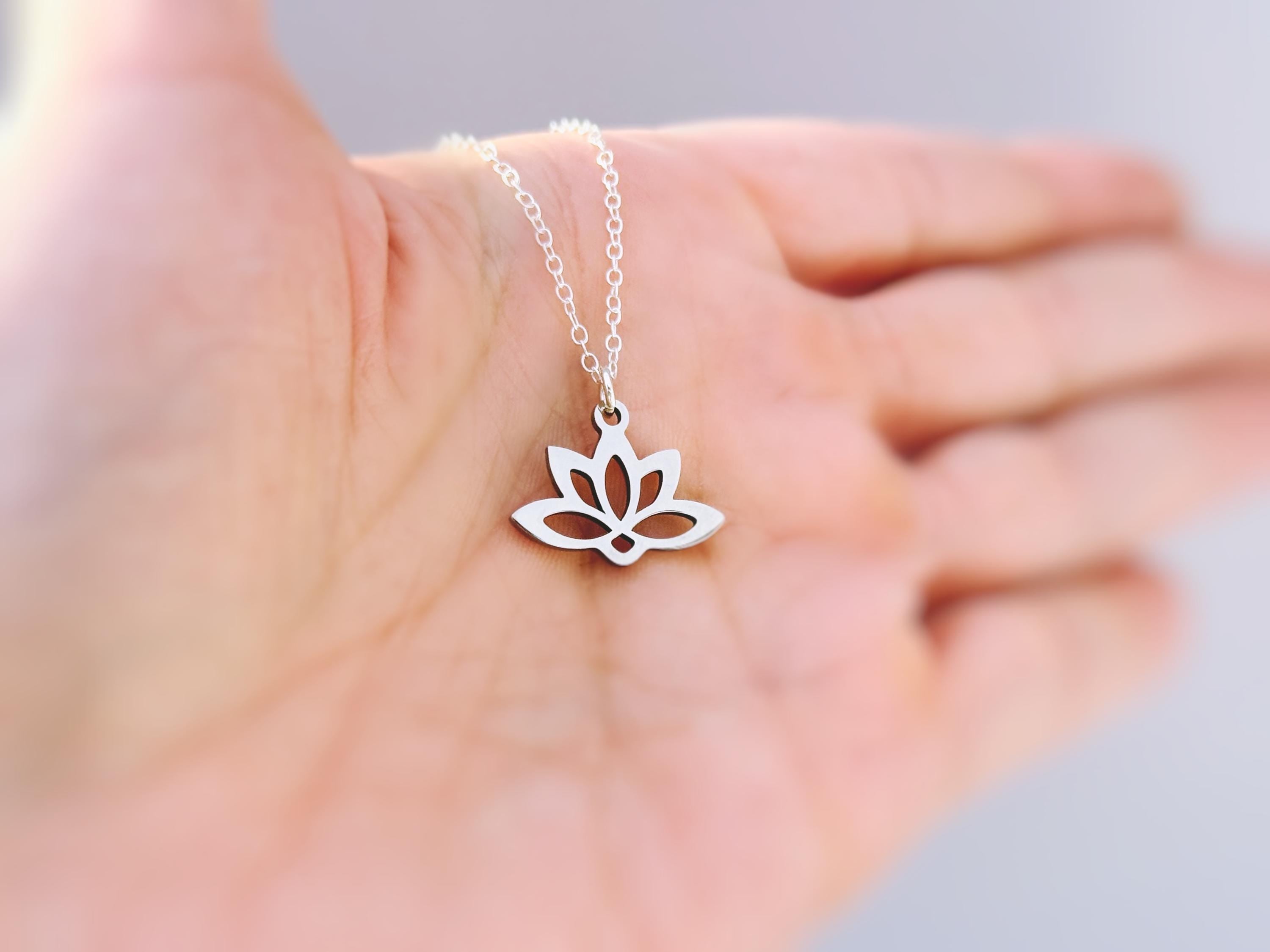 Silver Lotus Necklace, 14k gold Water Lily flower pendant for women minimalist handmade jewelry yoga gift for gardener July birthflower