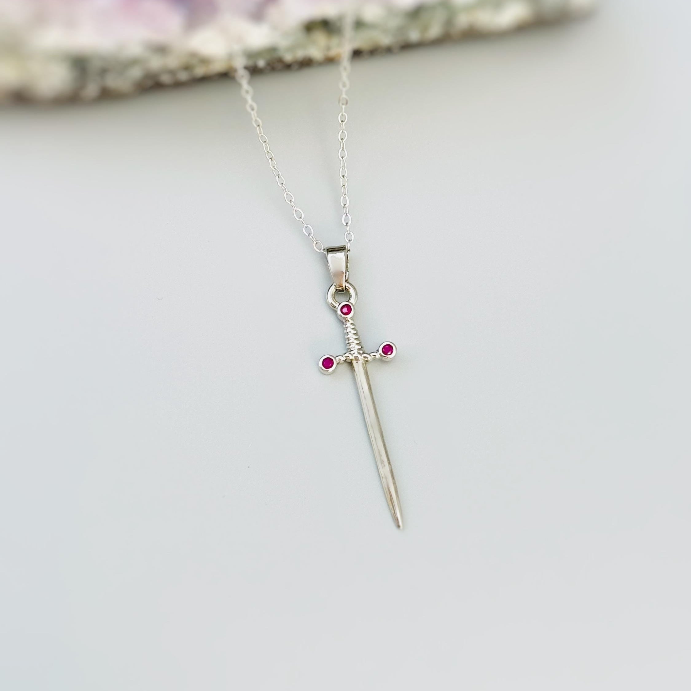 Sword Necklace silver garnet handmade medieval warrior mythical dagger punk jewelry renaissance faire Celtic gothic stainless steel grunge