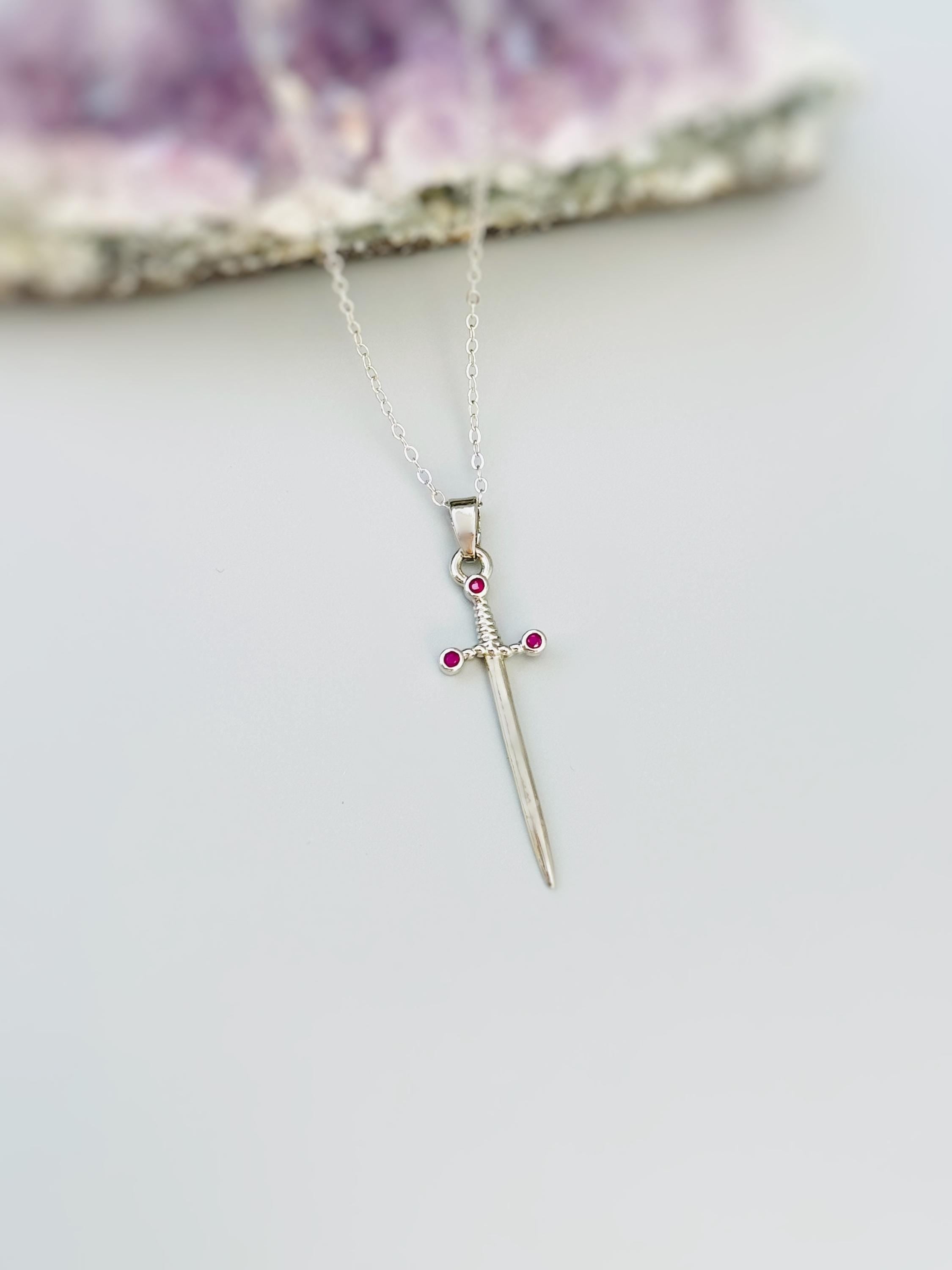 Sword Necklace silver garnet handmade medieval warrior mythical dagger punk jewelry renaissance faire Celtic gothic stainless steel grunge