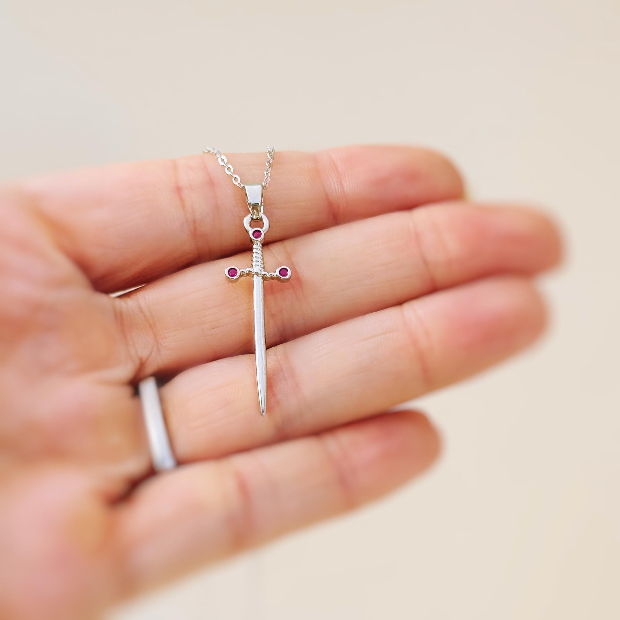 Sword Necklace silver garnet handmade medieval warrior mythical dagger punk jewelry renaissance faire Celtic gothic stainless steel grunge