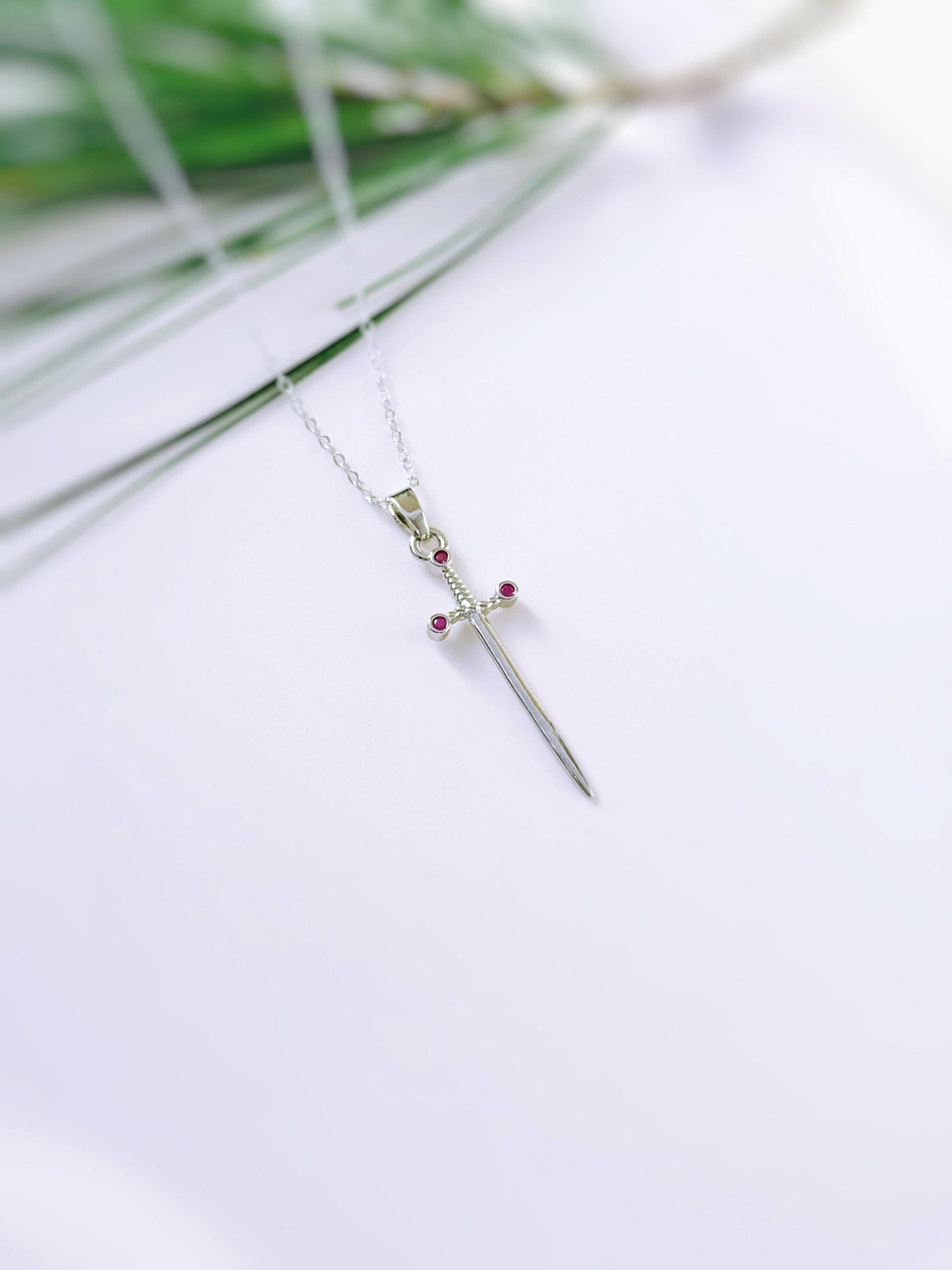 Sword Necklace silver garnet handmade medieval warrior mythical dagger punk jewelry renaissance faire Celtic gothic stainless steel grunge