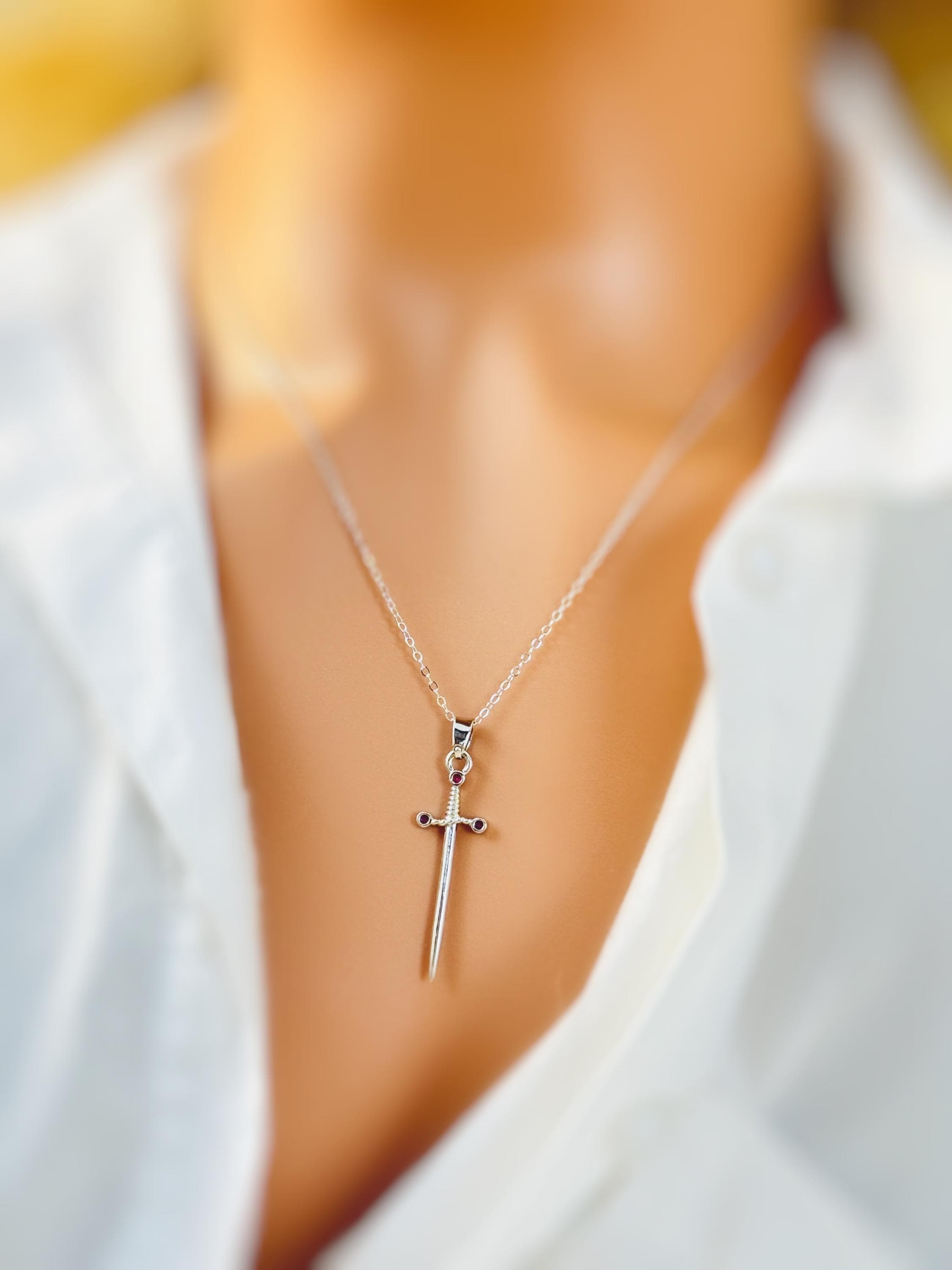 Sword Necklace silver garnet handmade medieval warrior mythical dagger punk jewelry renaissance faire Celtic gothic stainless steel grunge