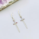 Sword Earrings dangle silver garnet handmade medieval mythical dagger punk jewelry renaissance faire Celtic gothic gift earrings for women