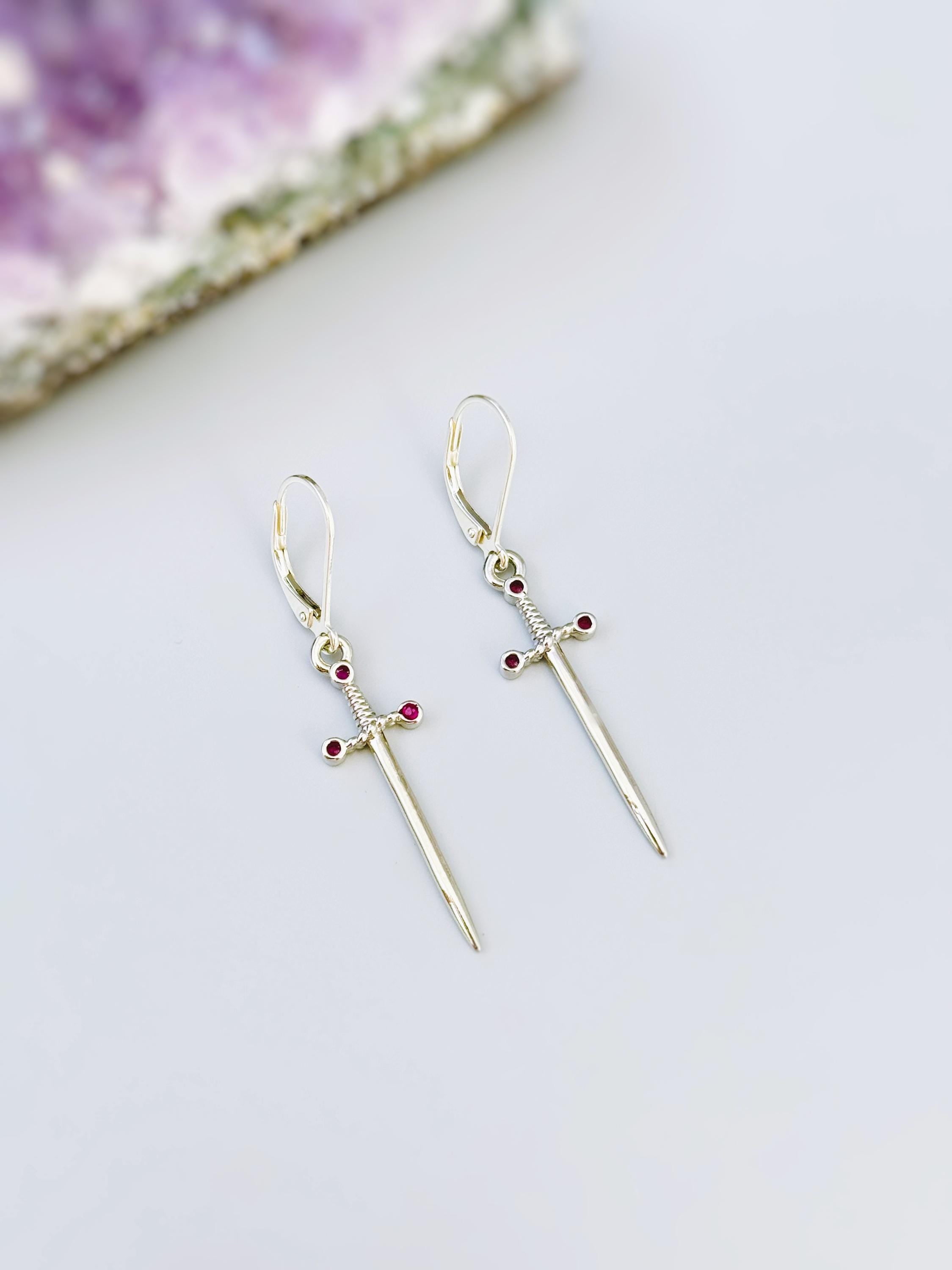Sword Earrings dangle silver garnet handmade medieval mythical dagger punk jewelry renaissance faire Celtic gothic gift earrings for women