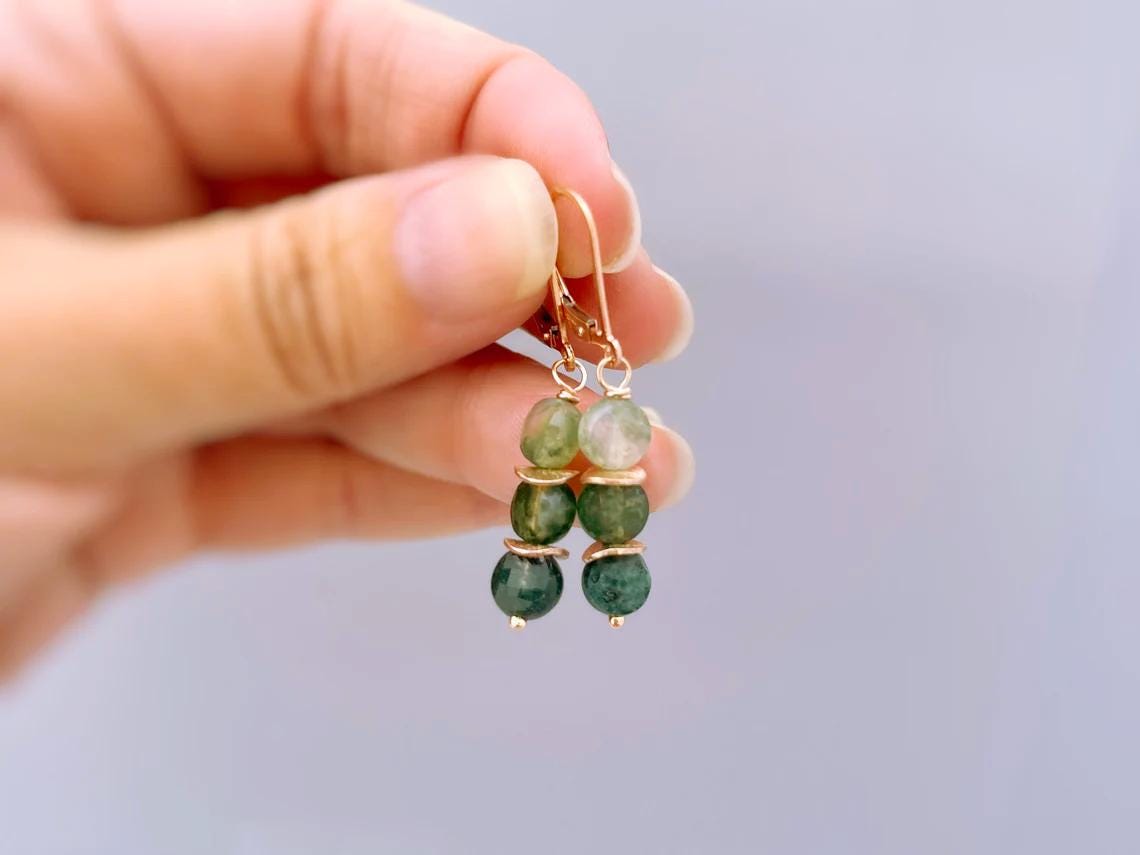 Dangly Moss Agate Earrings in Sterling Silver, gold rose gold