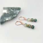 Dangly Moss Agate Earrings in Sterling Silver, gold rose gold