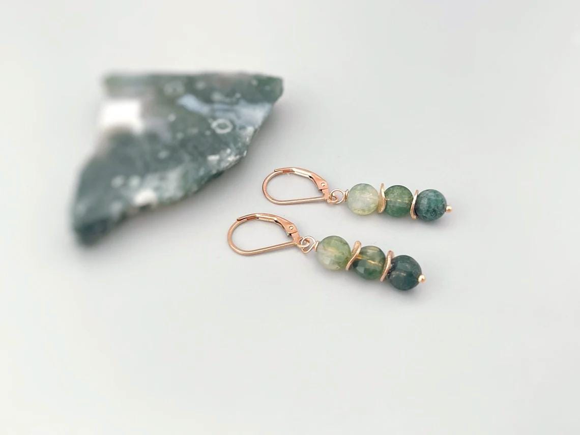 Dangly Moss Agate Earrings in Sterling Silver, gold rose gold