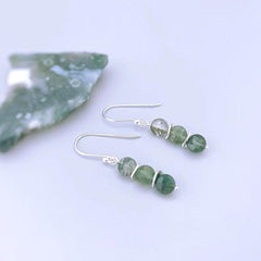 Dangly Moss Agate Earrings in Sterling Silver, gold rose gold