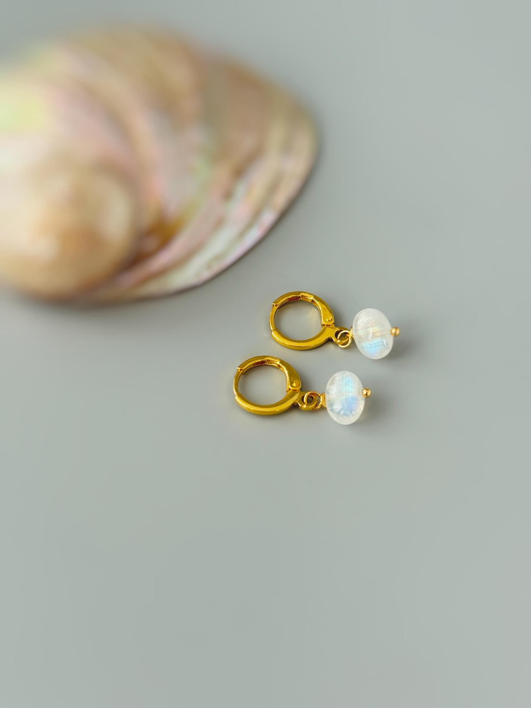 Dainty Moonstone Hoop Earrings Silver, Gold, Rose Gold Minimalist Huggie Hoop Dangle Earrings June Birthstone Jewelry Handmade gift for wife