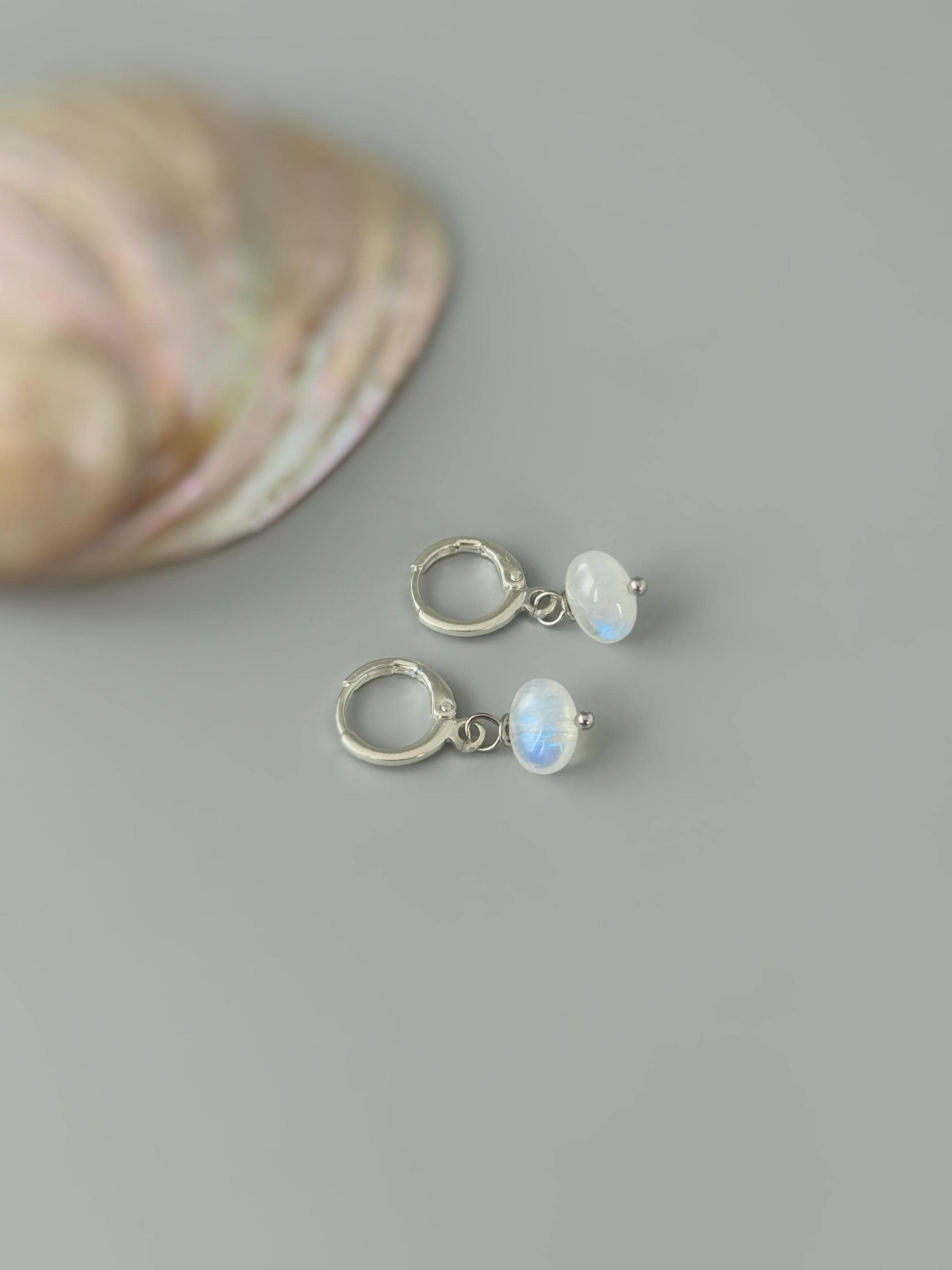 Dainty Moonstone Hoop Earrings Silver, Gold, Rose Gold Minimalist Huggie Hoop Dangle Earrings June Birthstone Jewelry Handmade gift for wife