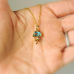 Dainty Gold Jellyfish Necklace handmade beach jewelry unique aqua blue crystal ocean pendant gift for surfers, swimmers, sister daughter mom