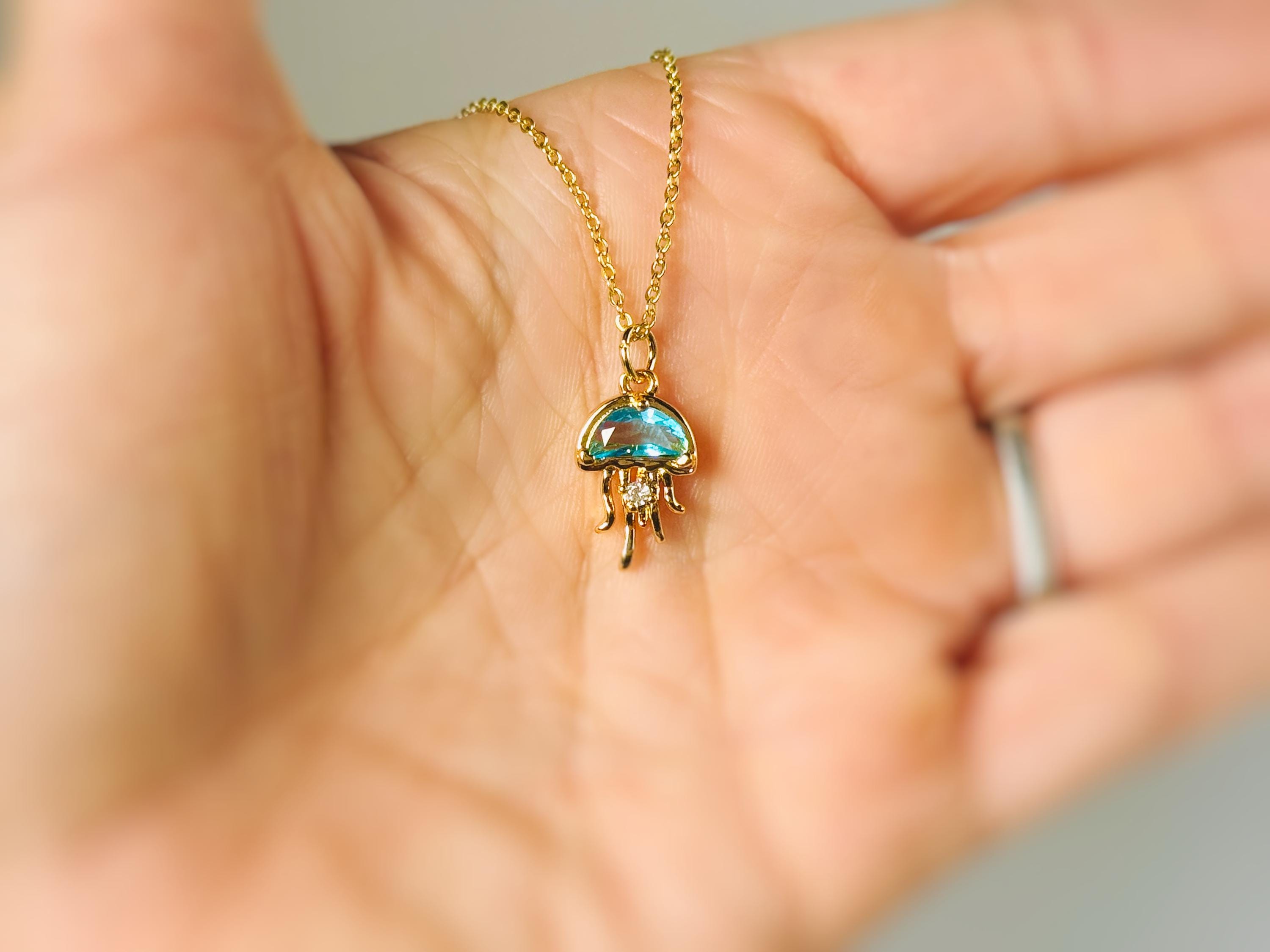 Dainty Gold Jellyfish Necklace handmade beach jewelry unique aqua blue crystal ocean pendant gift for surfers, swimmers, sister daughter mom